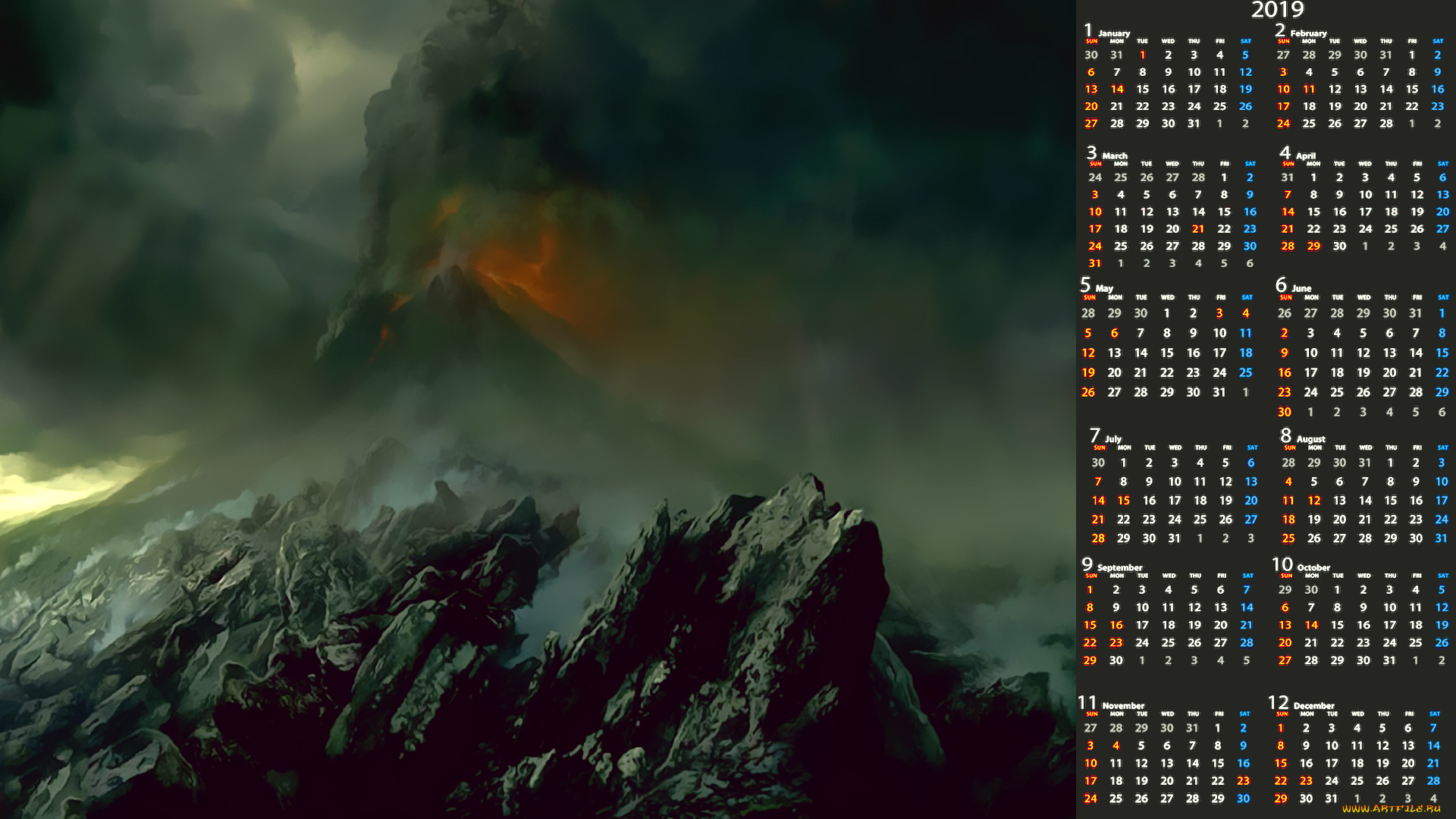 календари, фэнтези, извержение, лава, камень, вулкан