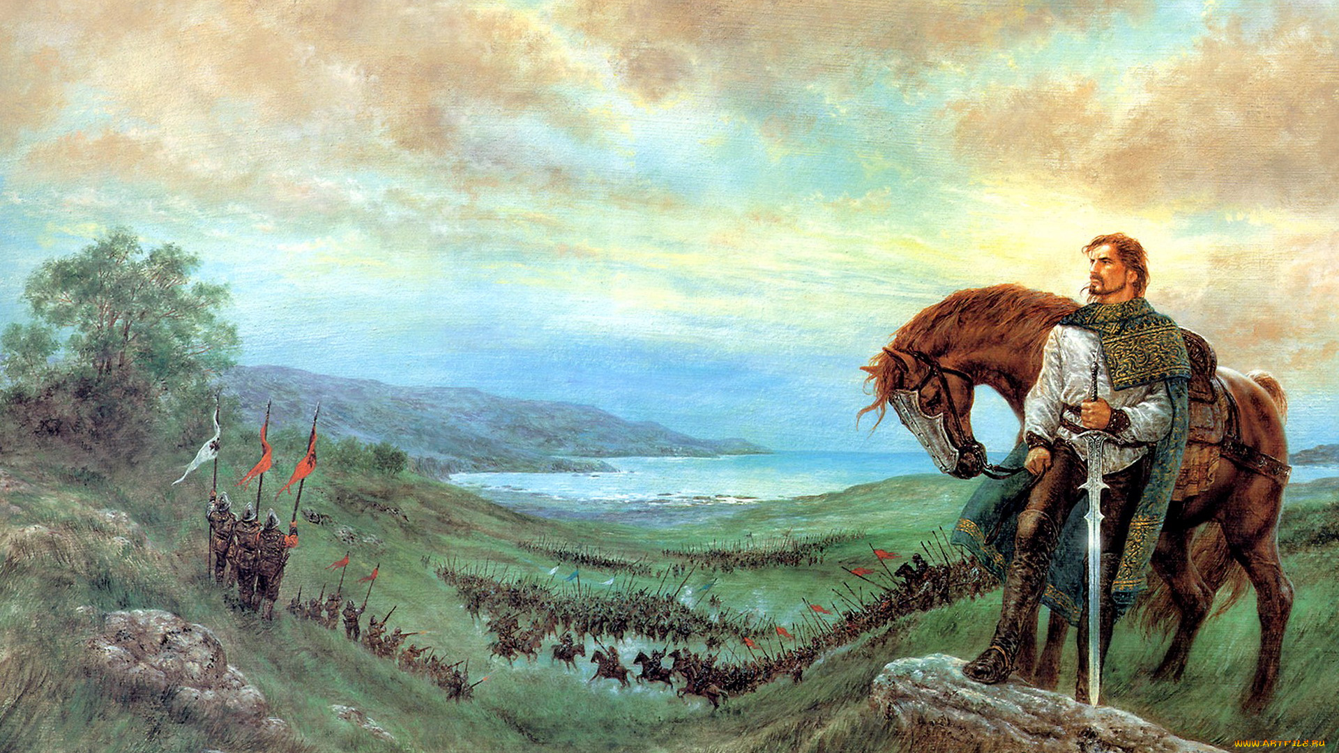 фэнтези, _luis, royo, воин, конь, сражение, море, холмы