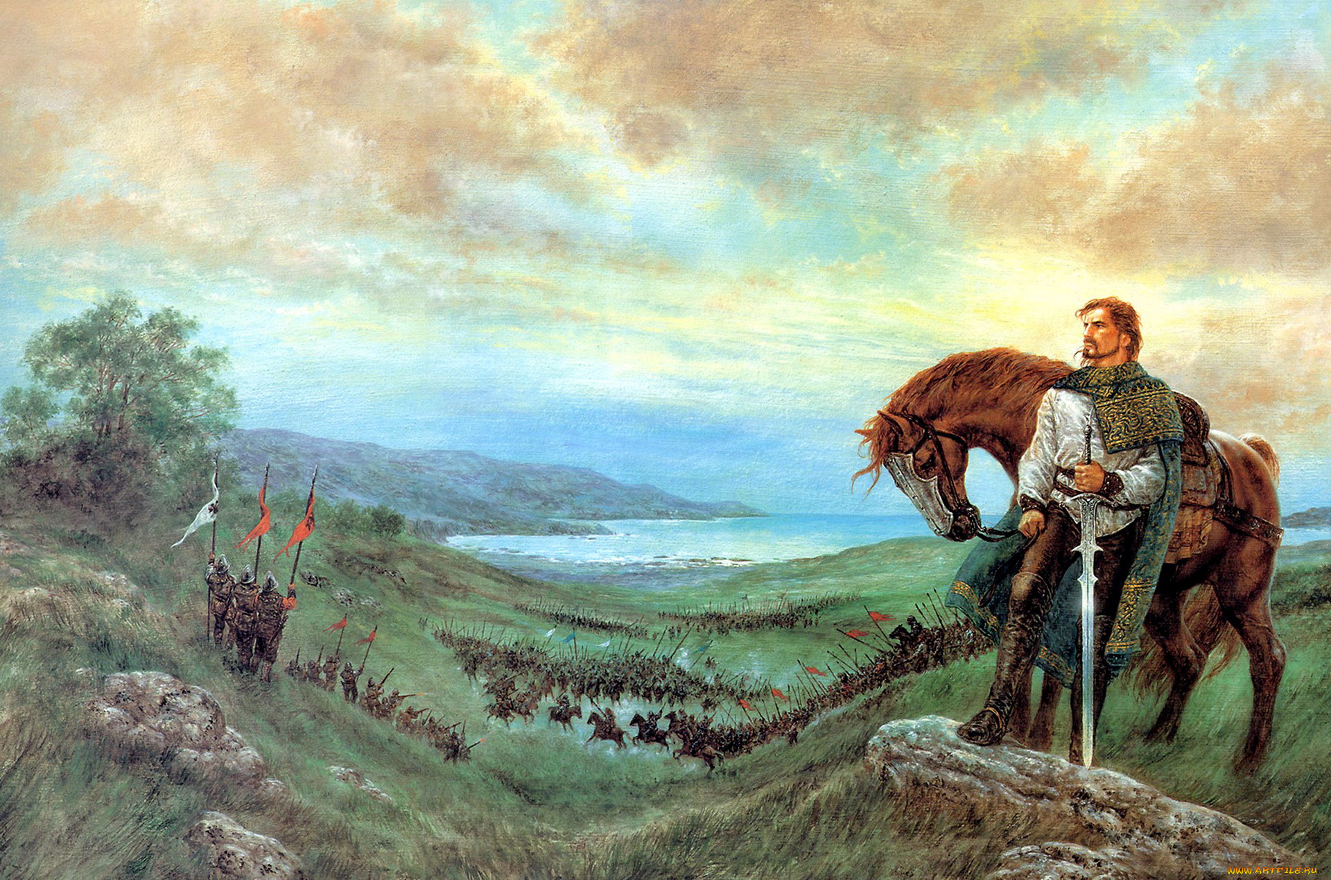 фэнтези, _luis, royo, воин, конь, сражение, море, холмы