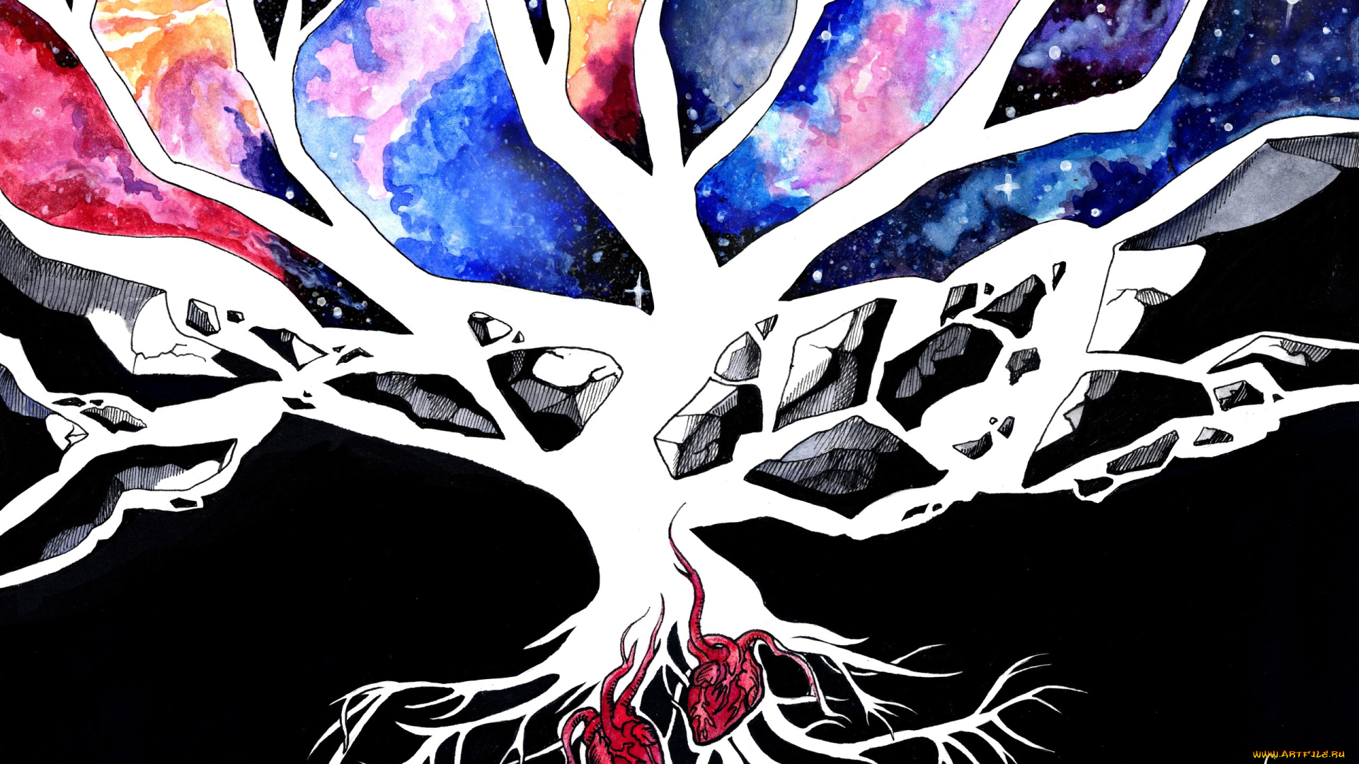 рисованное, -, другое, дерево, космос, корни, сердца