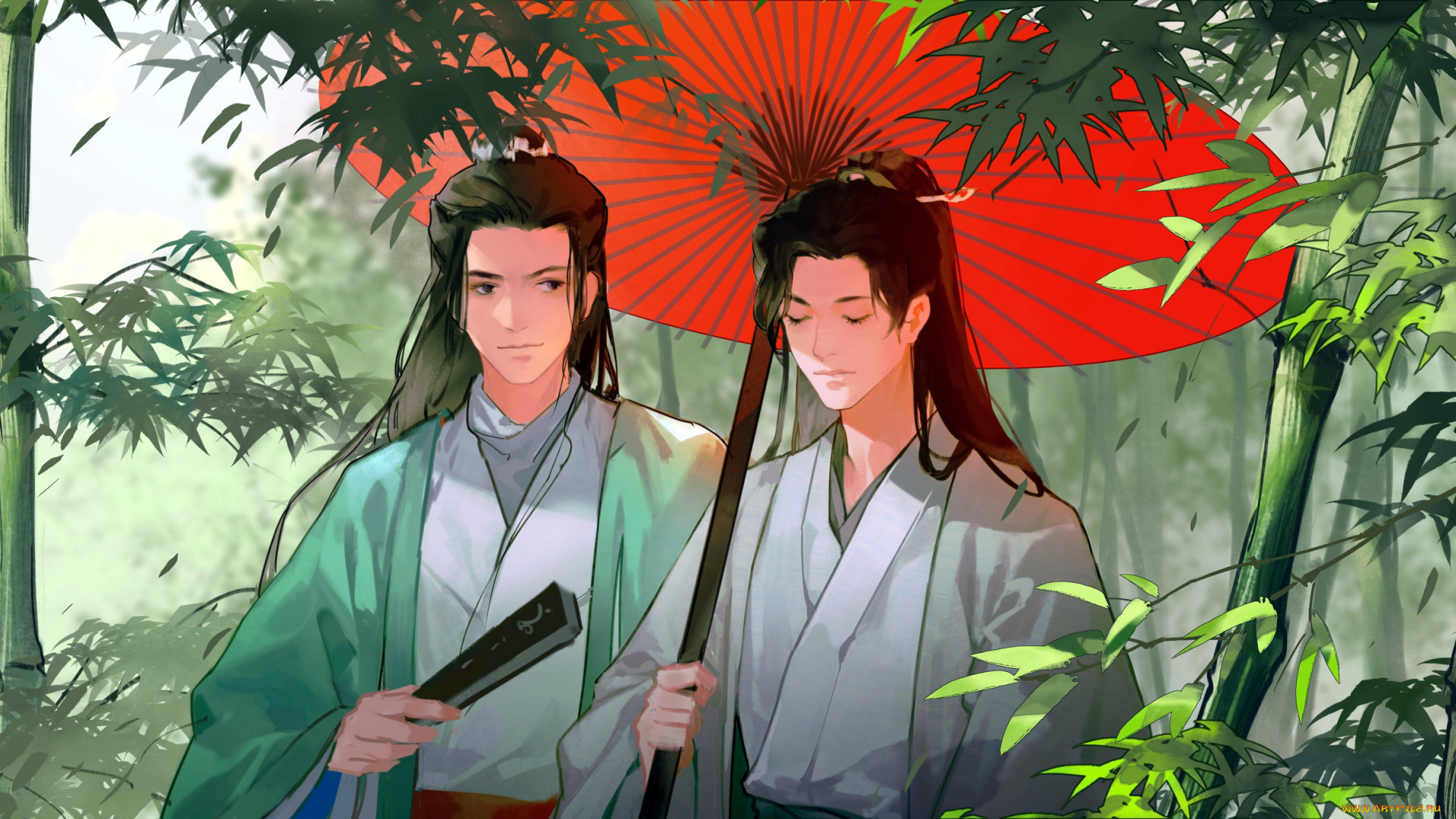 рисованное, кино, , мультфильмы, далекие, странники, парни, веер, зонт, бамбук