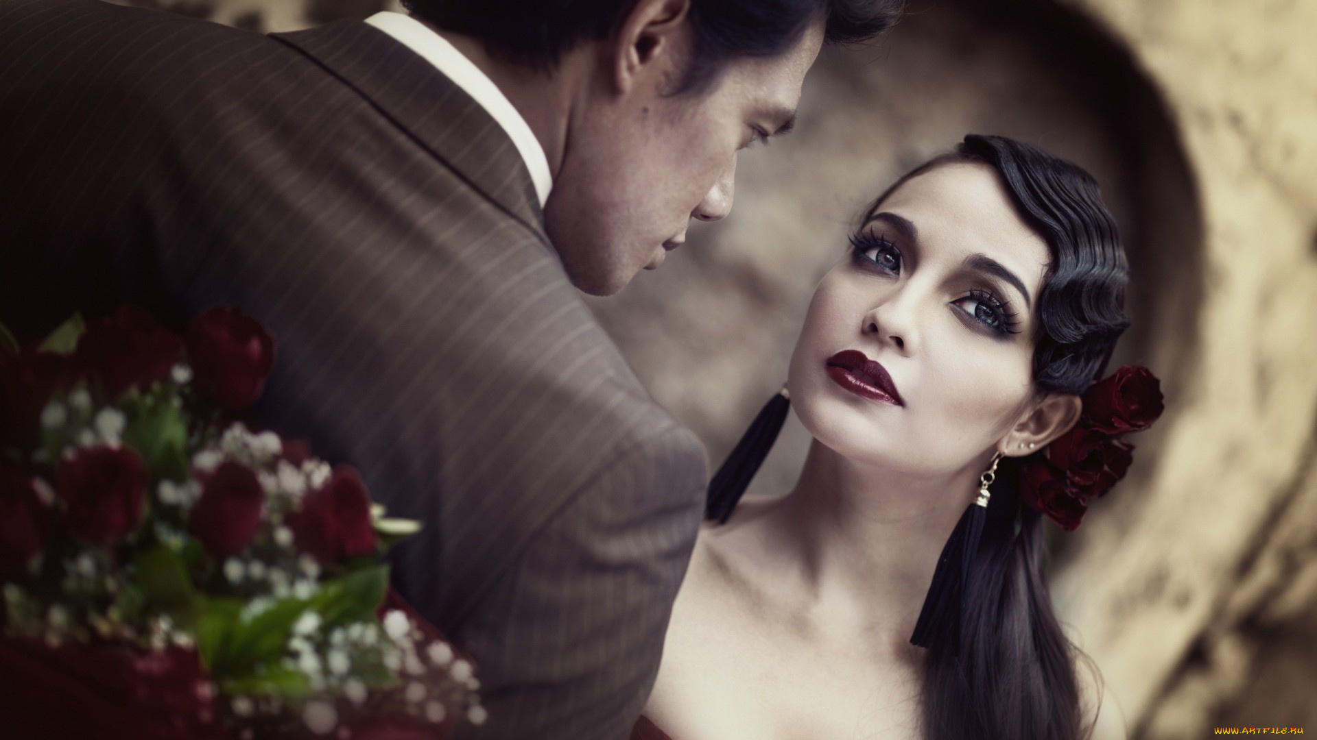 разное, мужчина, женщина, пара, лица, букет