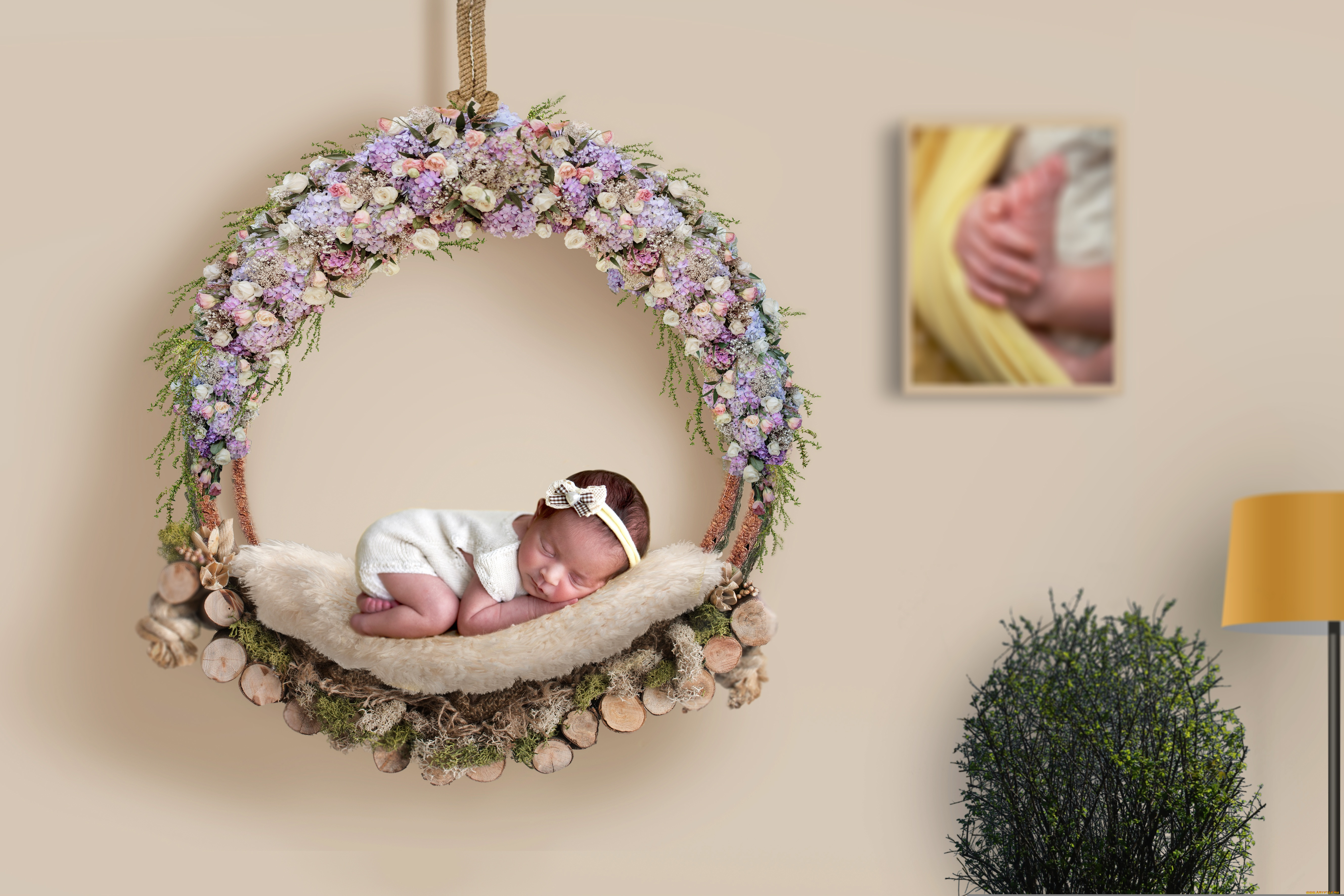 разное, дети, ребенок, колыбель, цветы, куст