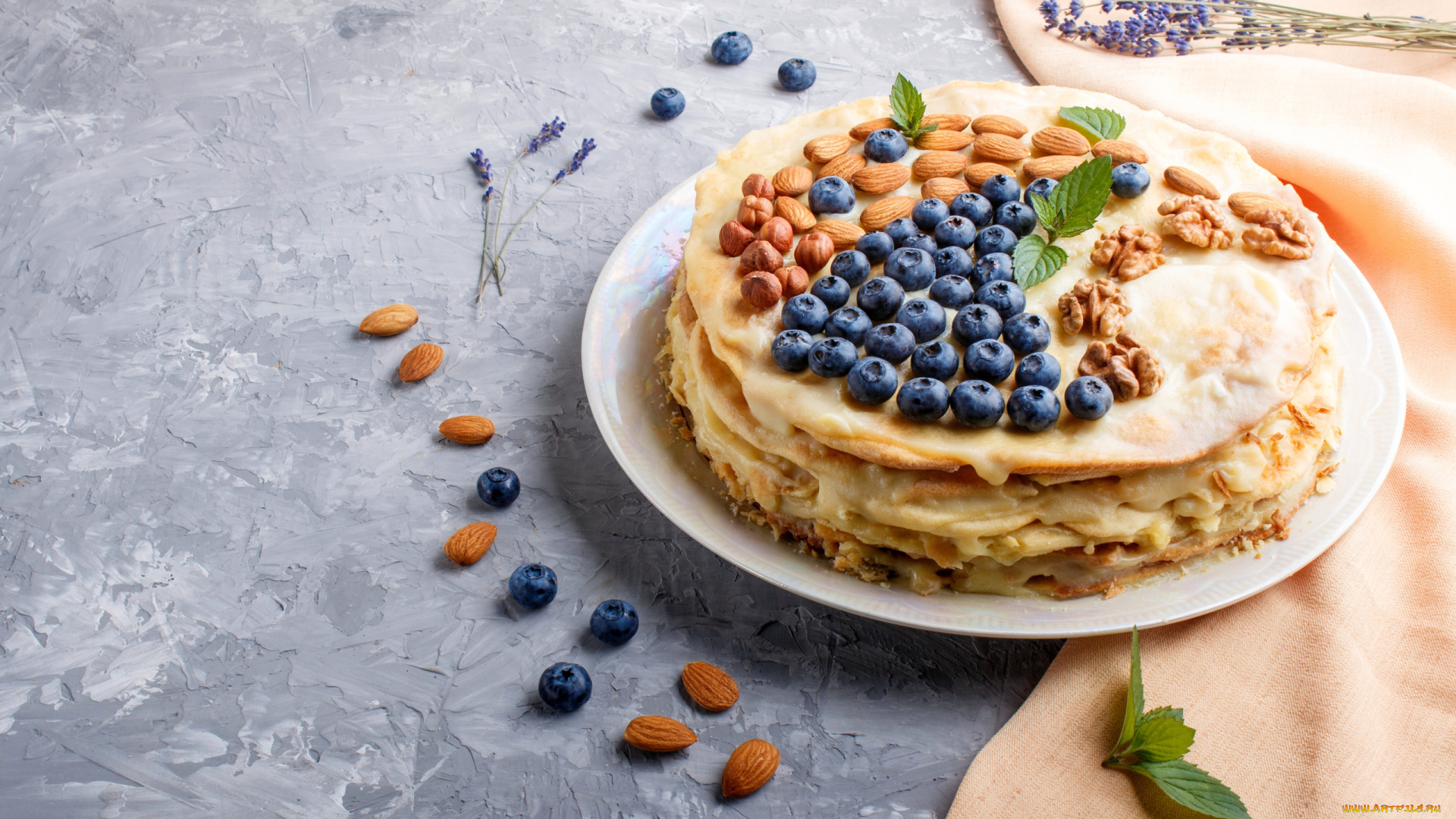 еда, блины, , оладьи, мята, черника, орехи, миндаль, лаванда