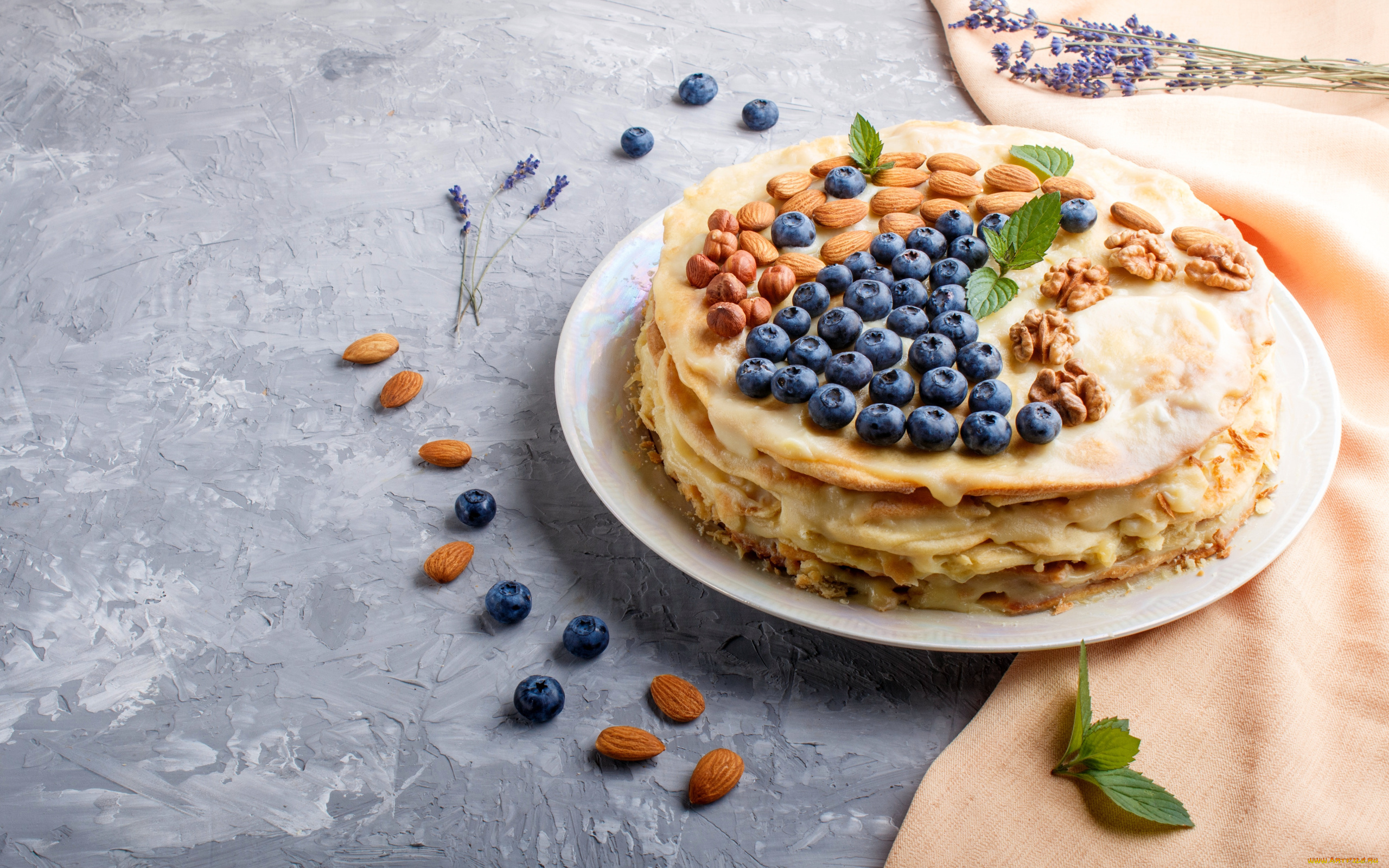 еда, блины, , оладьи, мята, черника, орехи, миндаль, лаванда