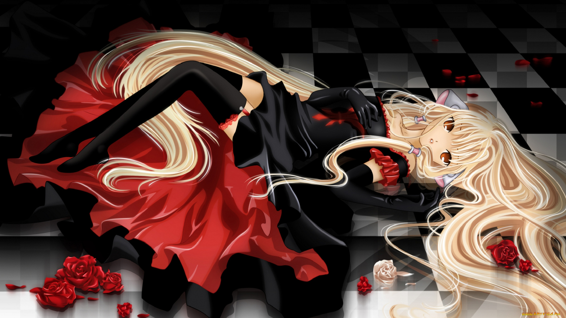 аниме, chobits, black, red, white