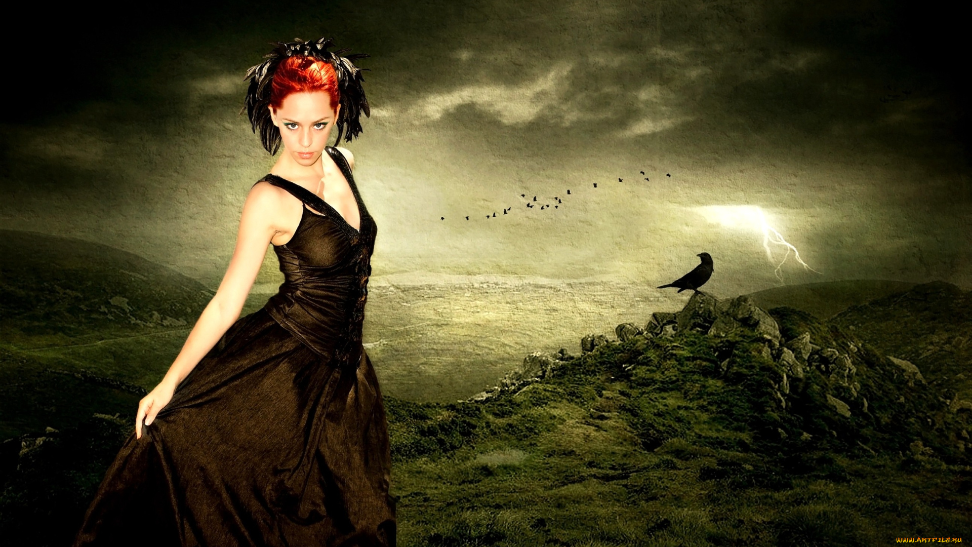фэнтези, девушки, девушка, ворон, молния