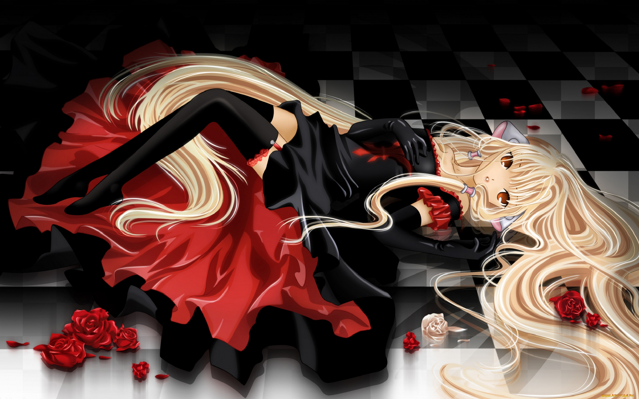 аниме, chobits, black, red, white