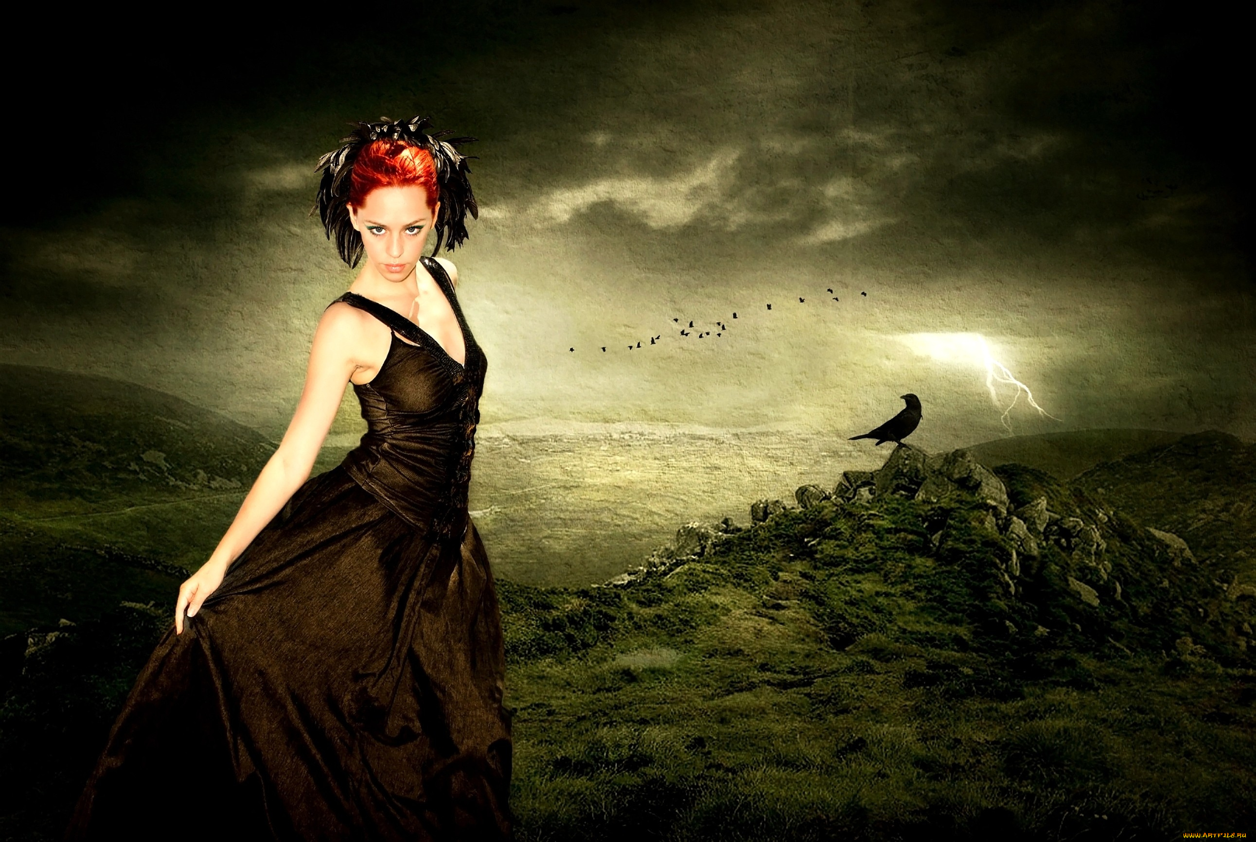 фэнтези, девушки, девушка, ворон, молния