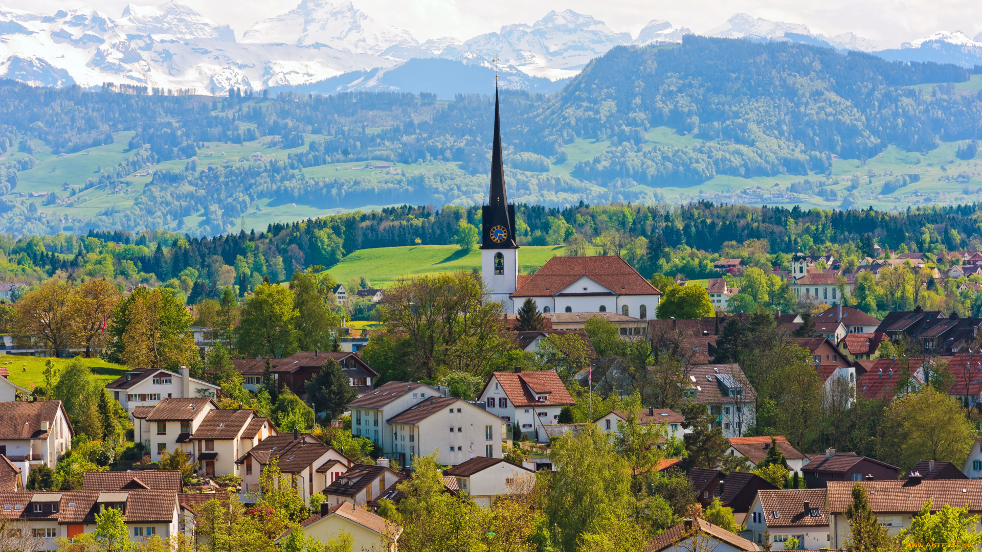 gossau, switzerland, города, пейзажи, церковь, горы, швейцария, здания, дома, деревья