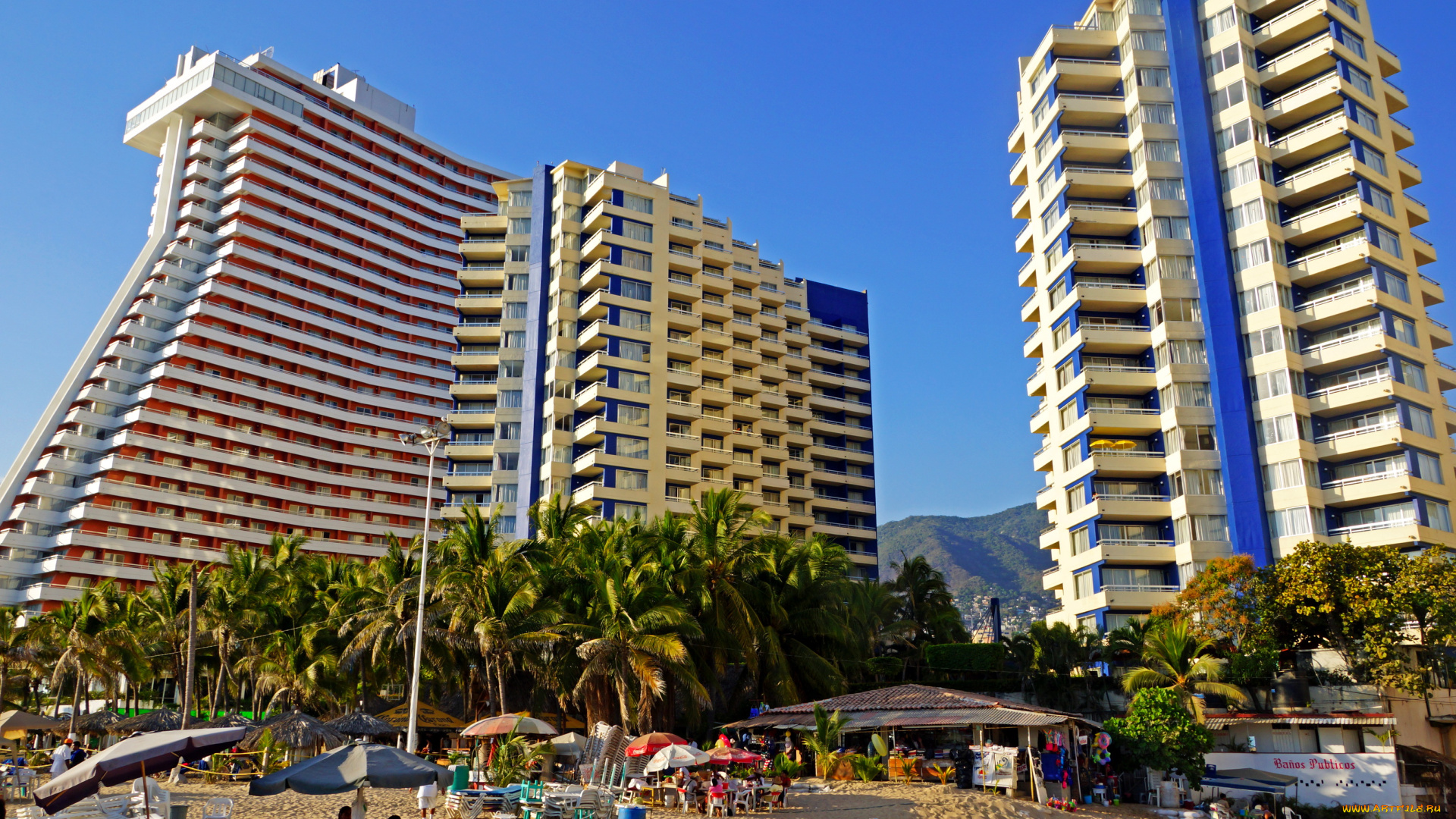 мексика, акапулько, города, здания, дома, пляж, кафе, столики, отдых, пальмы