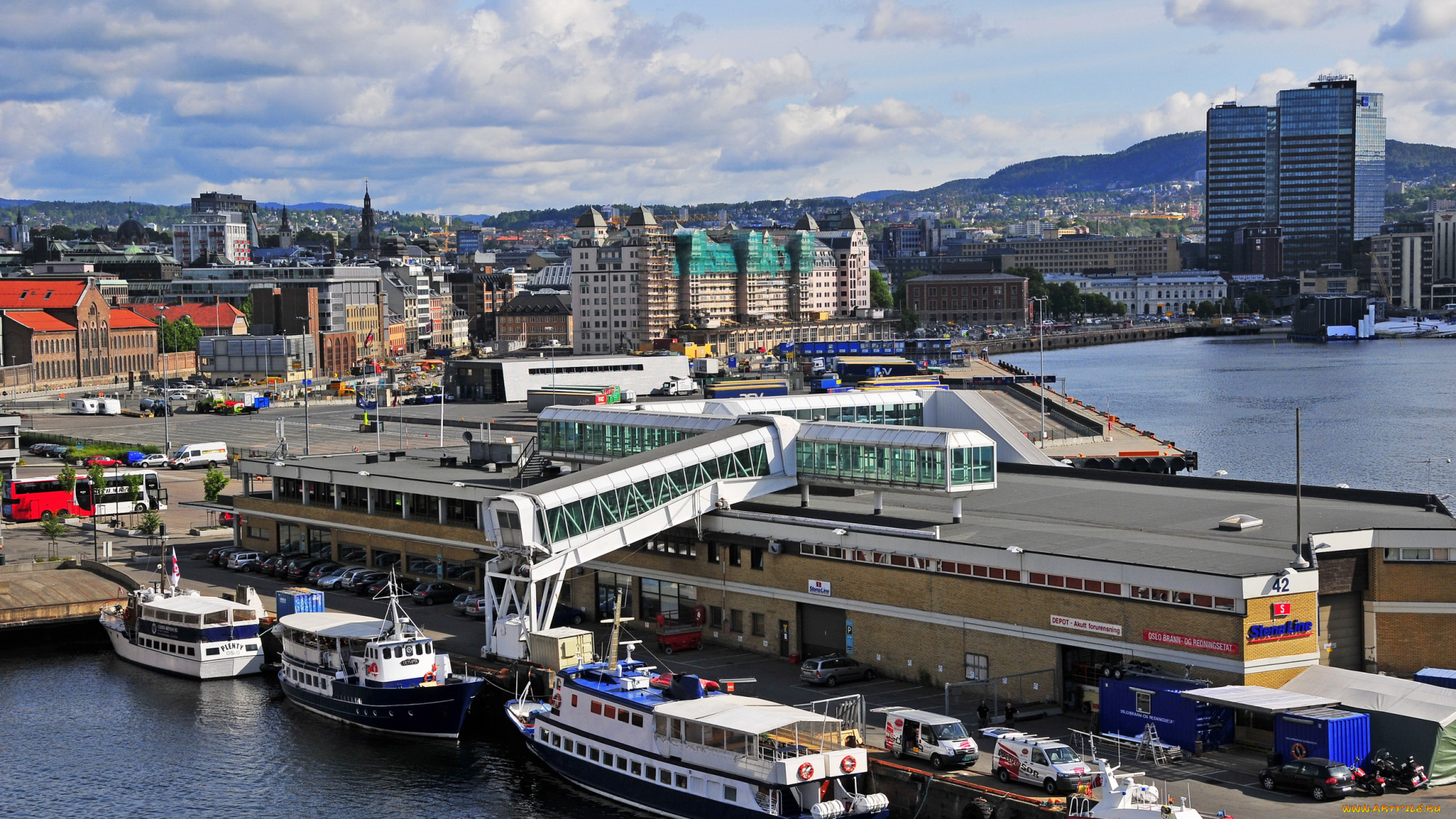 норвегия, осло, города, море, дома, причалы, терминал, суда, автомобили