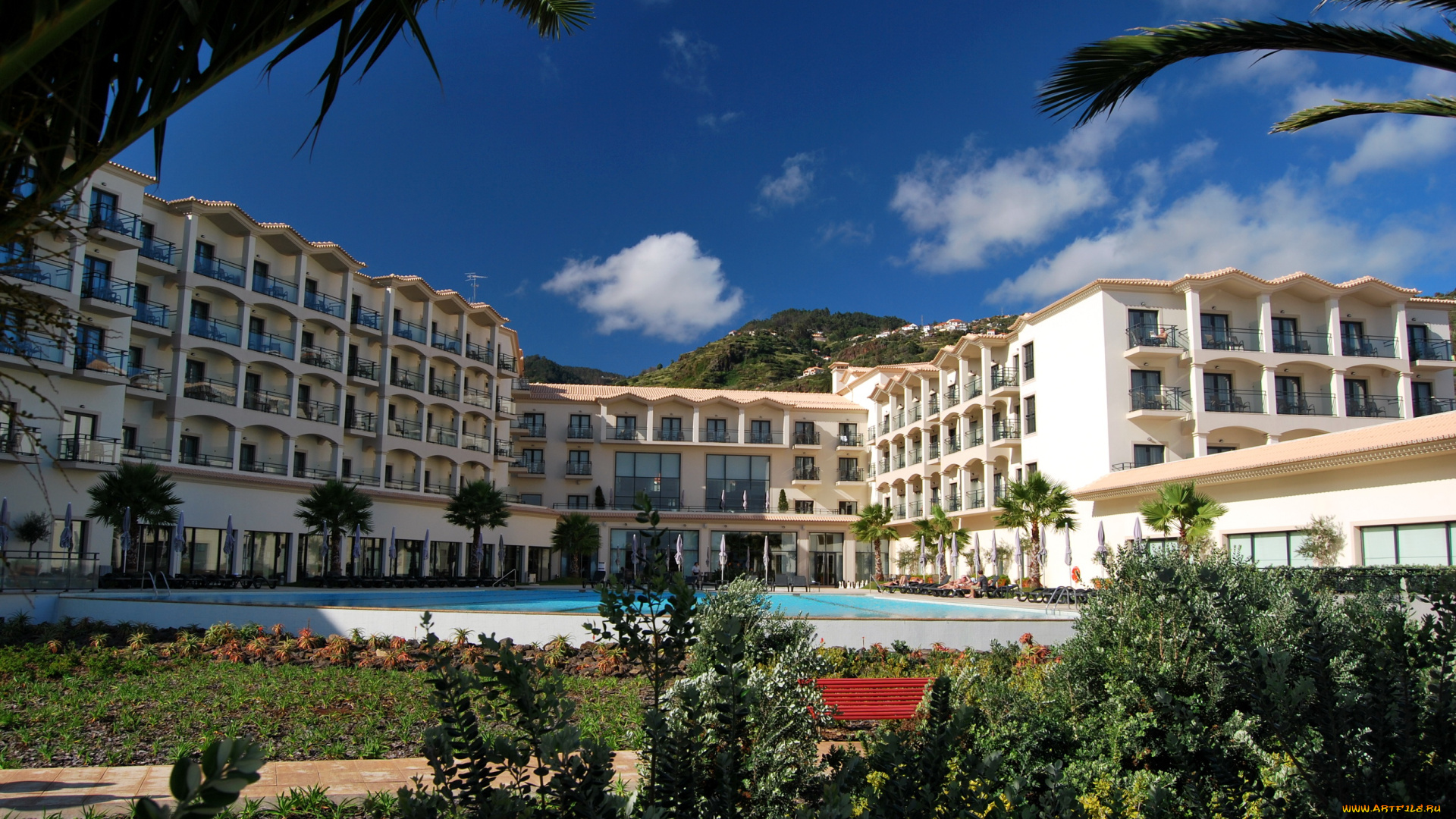 португалия, madeira, санта, круш, города, здания, дома, клумбы, цветы, бассейн, гостиница, санта-круш, парк