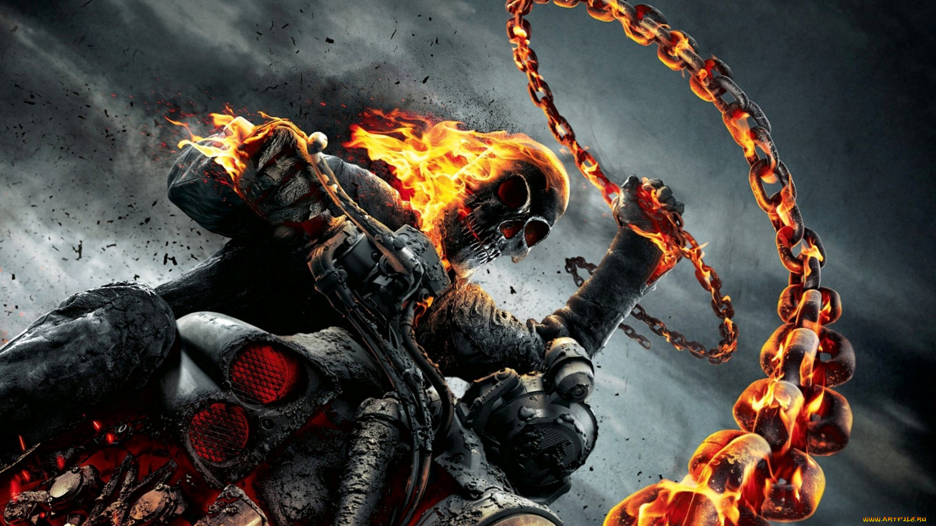 призрачный, гонщик, кино, фильмы, ghost, rider, spirit, of, vengeance, 2, череп, цепь, огонь, мотоцикл, скелет