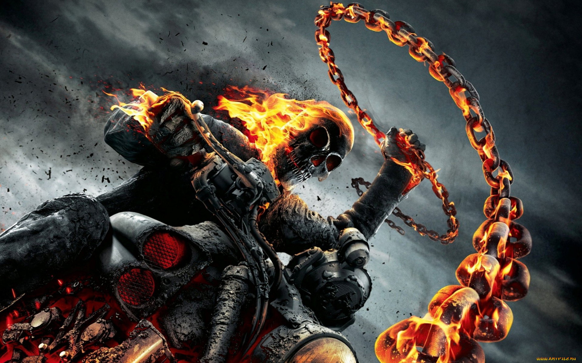 призрачный, гонщик, кино, фильмы, ghost, rider, spirit, of, vengeance, 2, череп, цепь, огонь, мотоцикл, скелет