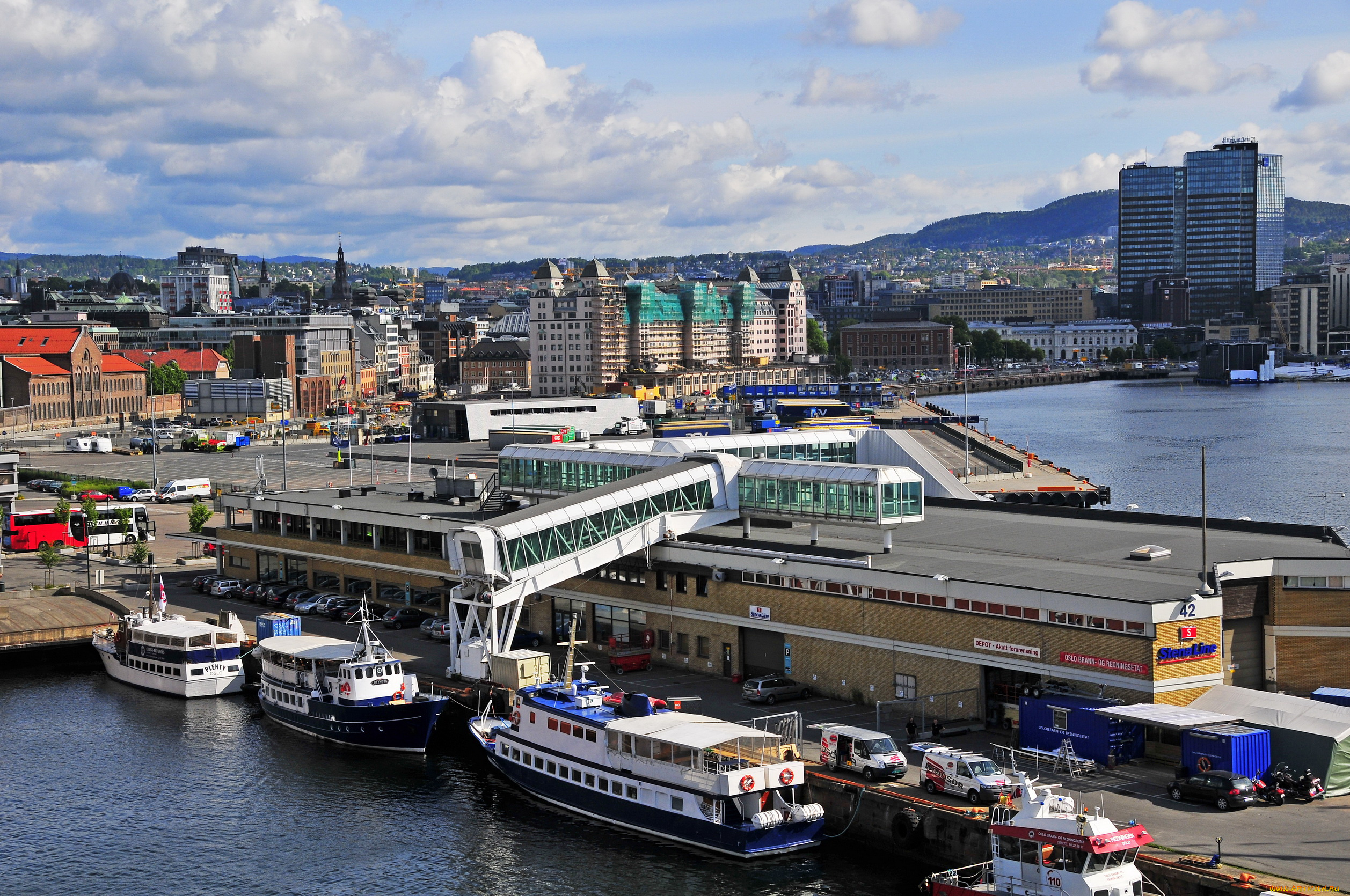 норвегия, осло, города, море, дома, причалы, терминал, суда, автомобили