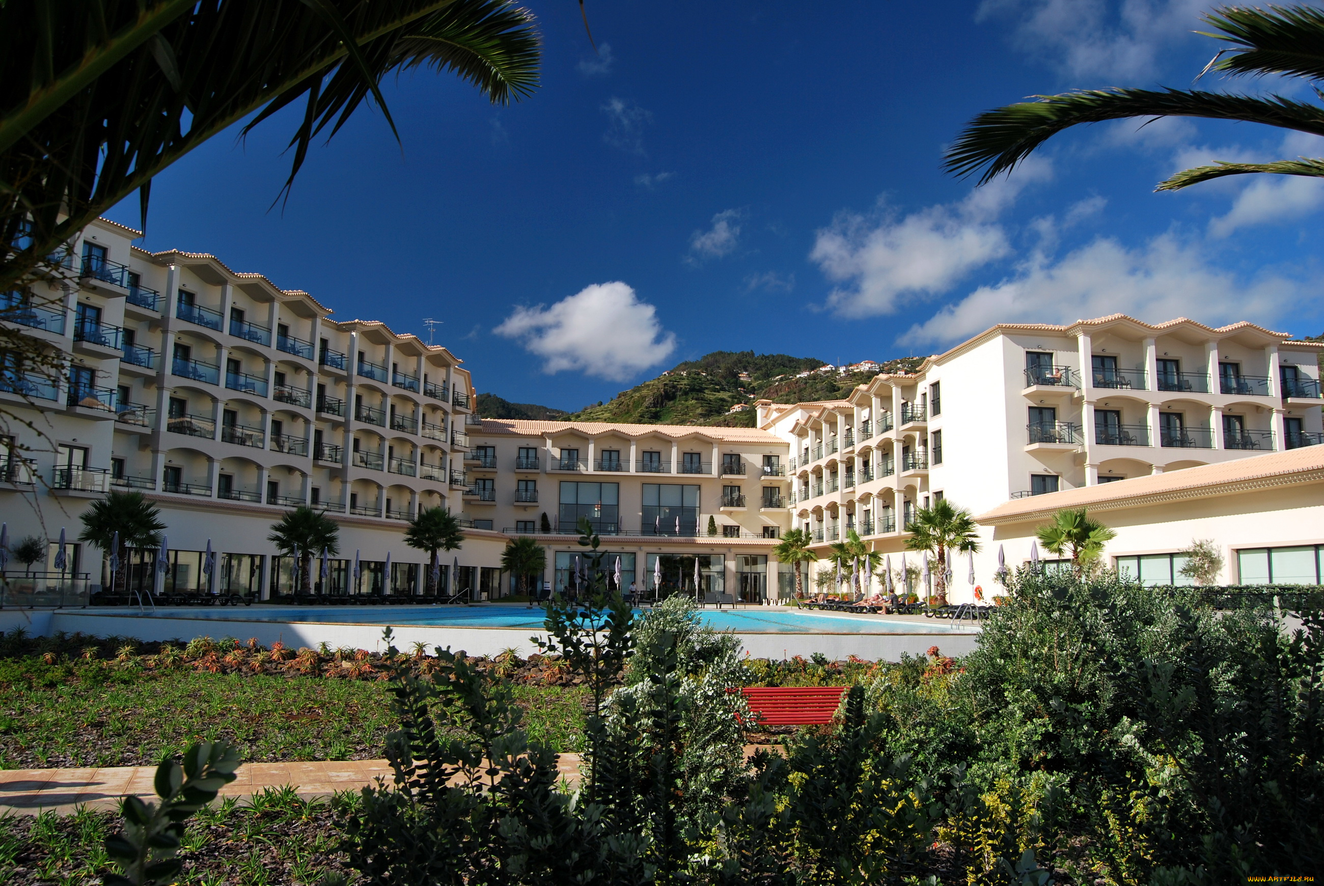 португалия, madeira, санта, круш, города, здания, дома, клумбы, цветы, бассейн, гостиница, санта-круш, парк