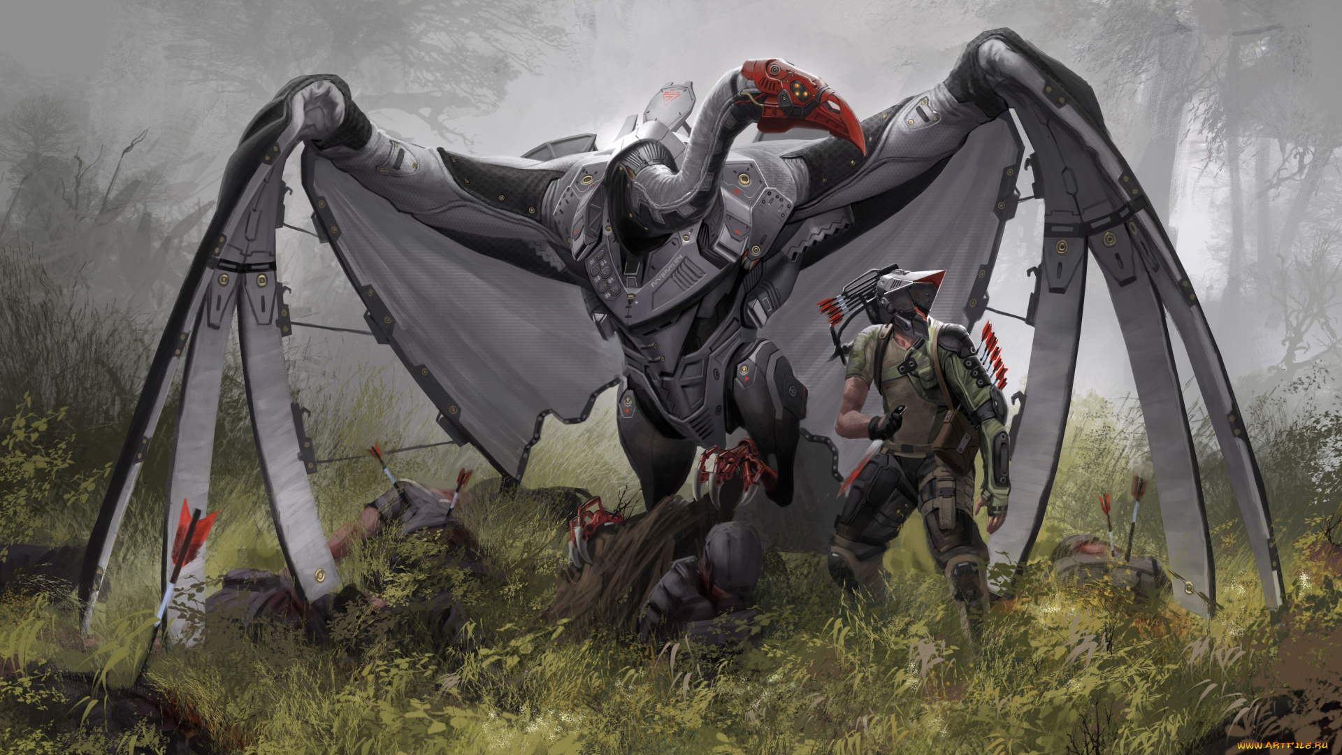 фэнтези, роботы, киборги, механизмы, птица, гриф, робот, трупы, воин