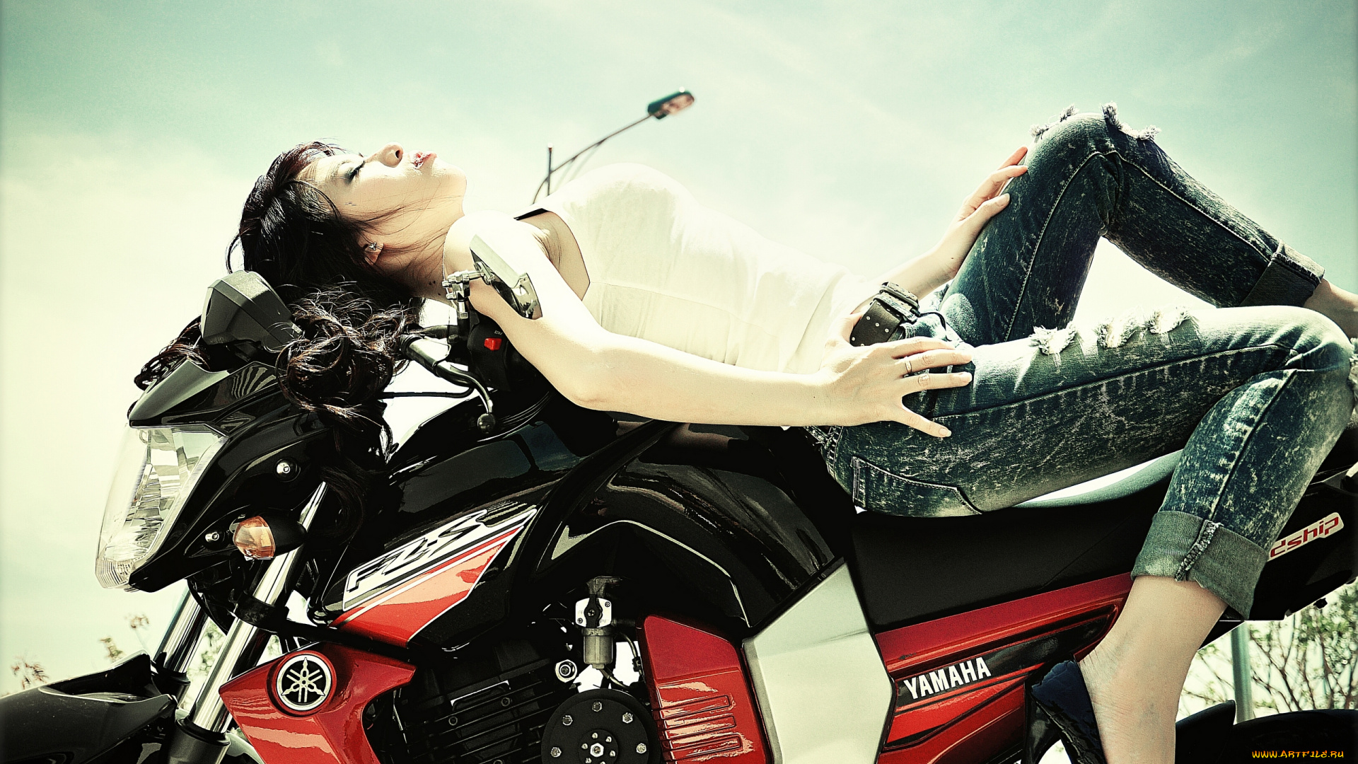 мотоциклы, мото, девушкой, yamaha, азиатка, джинсы