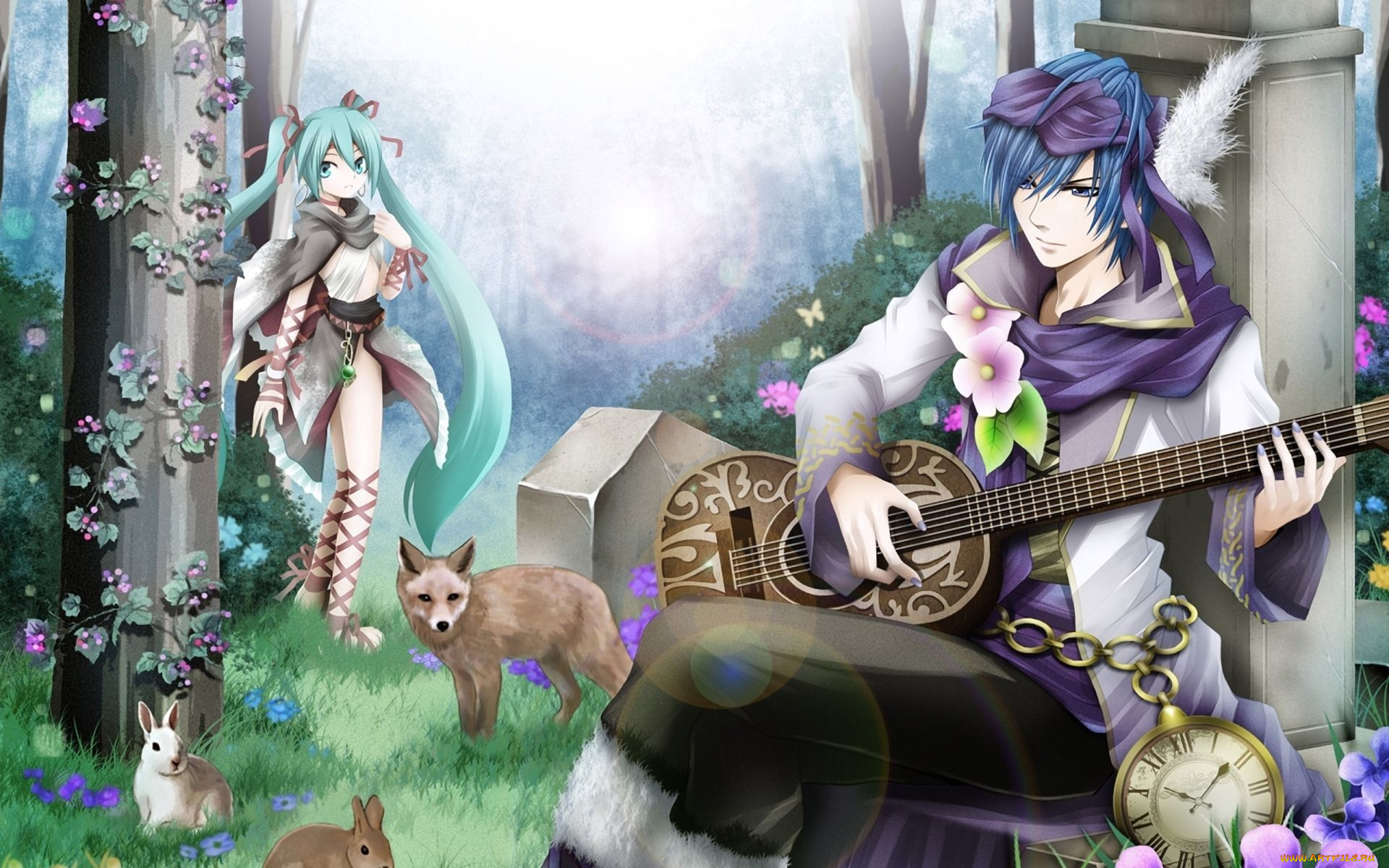 аниме, vocaloid, девушка, мальчик, лес, гитара, животные, цветы, hatsune, miku, kaito