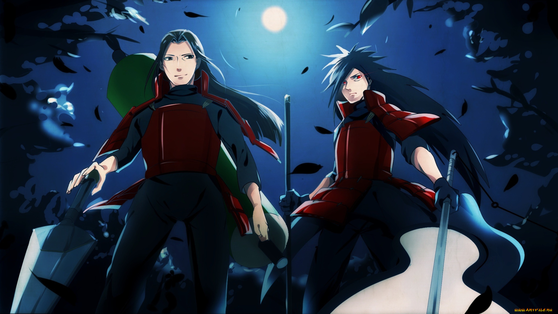 аниме, naruto, листва, луна, ночь, hashirama, art, madara