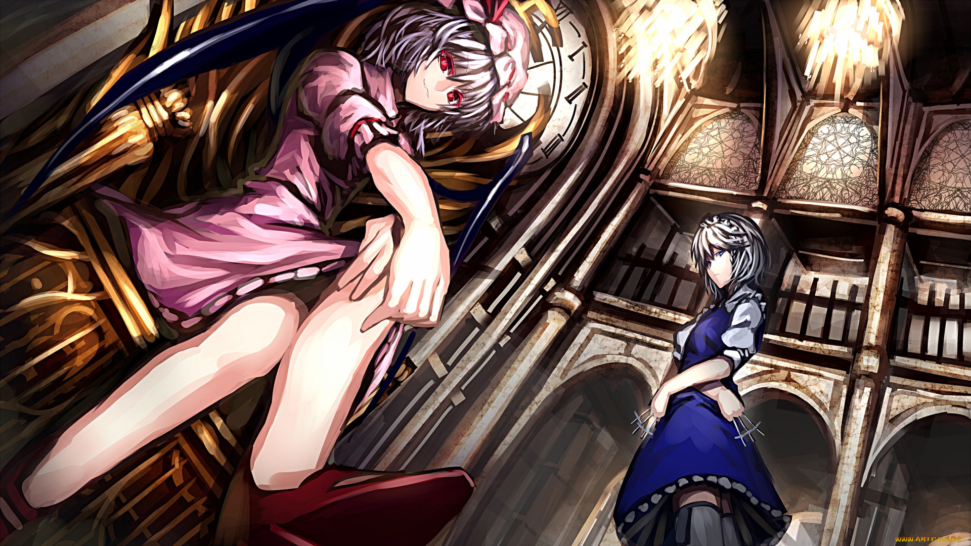 аниме, touhou, арт, улыбка, девушки, красные, глаза, замок, люстры