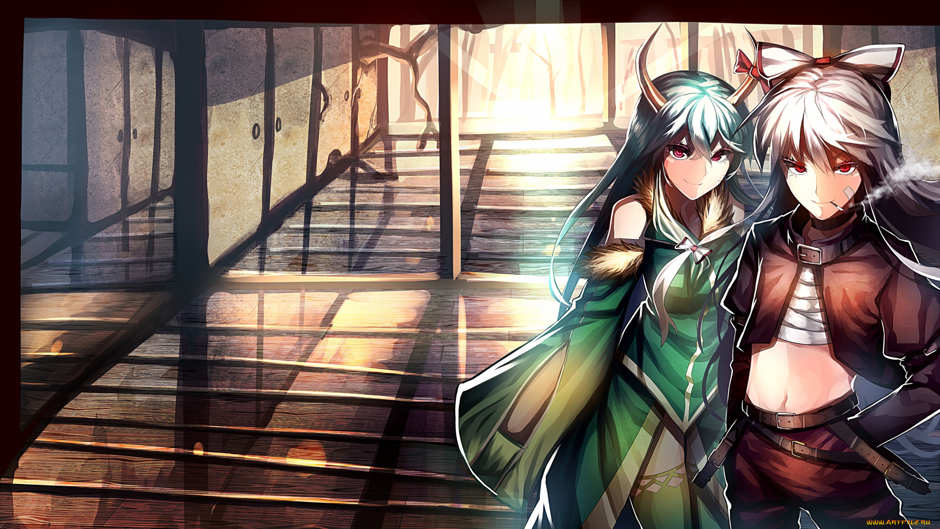 аниме, touhou, банты, красные, глаза, дым, сигарета, рога, девушки, демоны, взгляд, улыбки