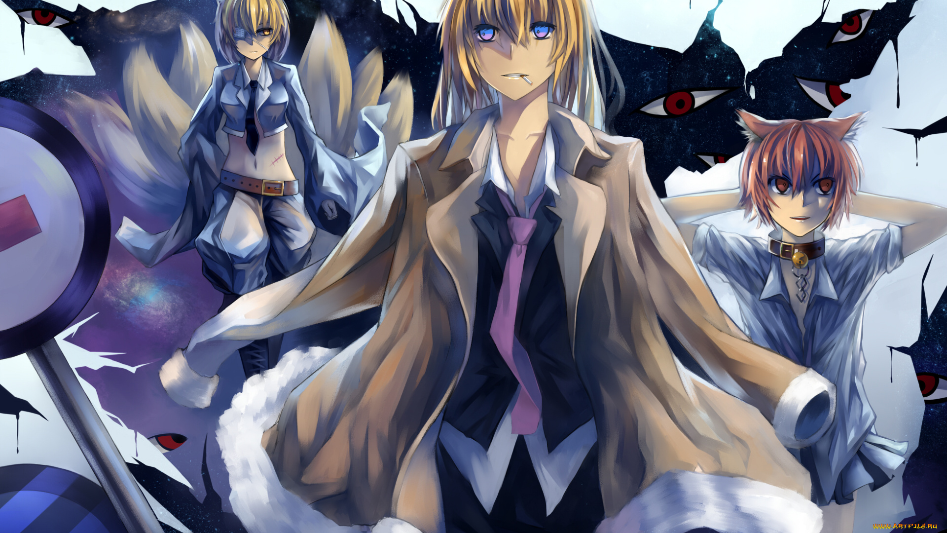 аниме, touhou, красные, глаза, ошейник, сигарета, хвосты, девушки