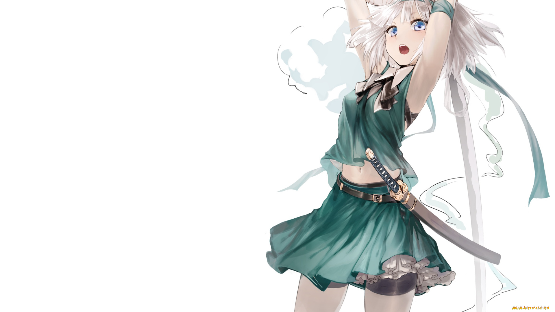 аниме, touhou, меч, синие, глаза, белый, фон, девушка