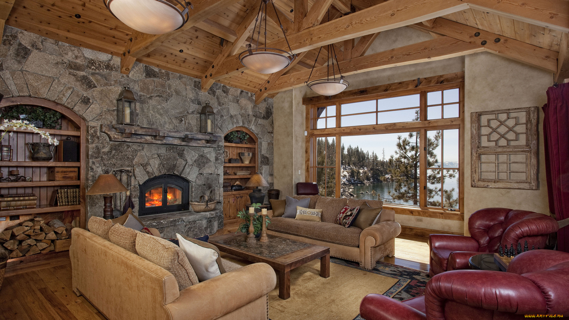 интерьер, гостиная, камин, диваны, дерево