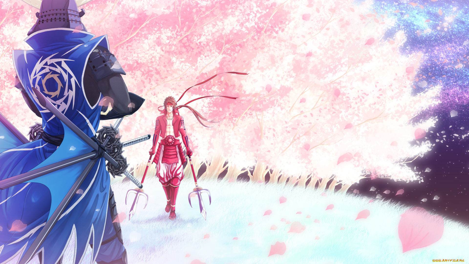 sengoku, basara, аниме, катана, шлем, трезубец, рога, лепестки, сакура, деревья, оружие, парни, sanada, yukimura, date, masamune, sengoku, basara, эпоха, смут