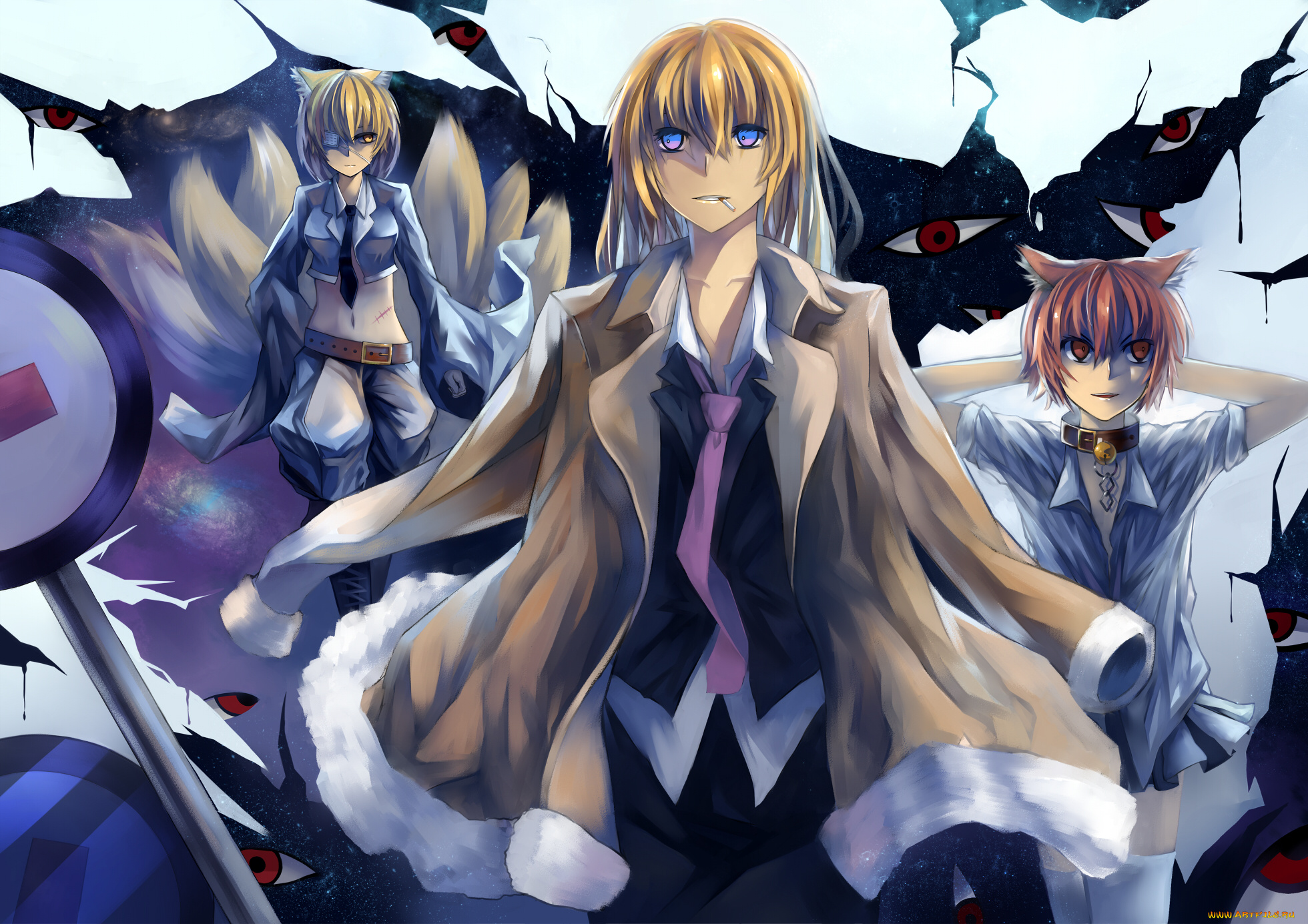 аниме, touhou, красные, глаза, ошейник, сигарета, хвосты, девушки