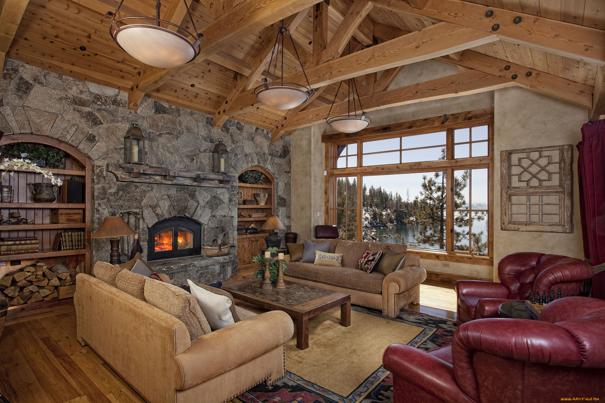 интерьер, гостиная, камин, диваны, дерево