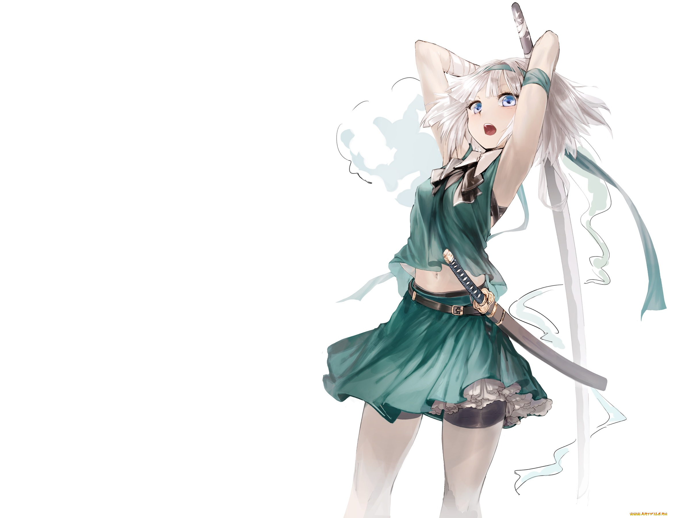 аниме, touhou, меч, синие, глаза, белый, фон, девушка