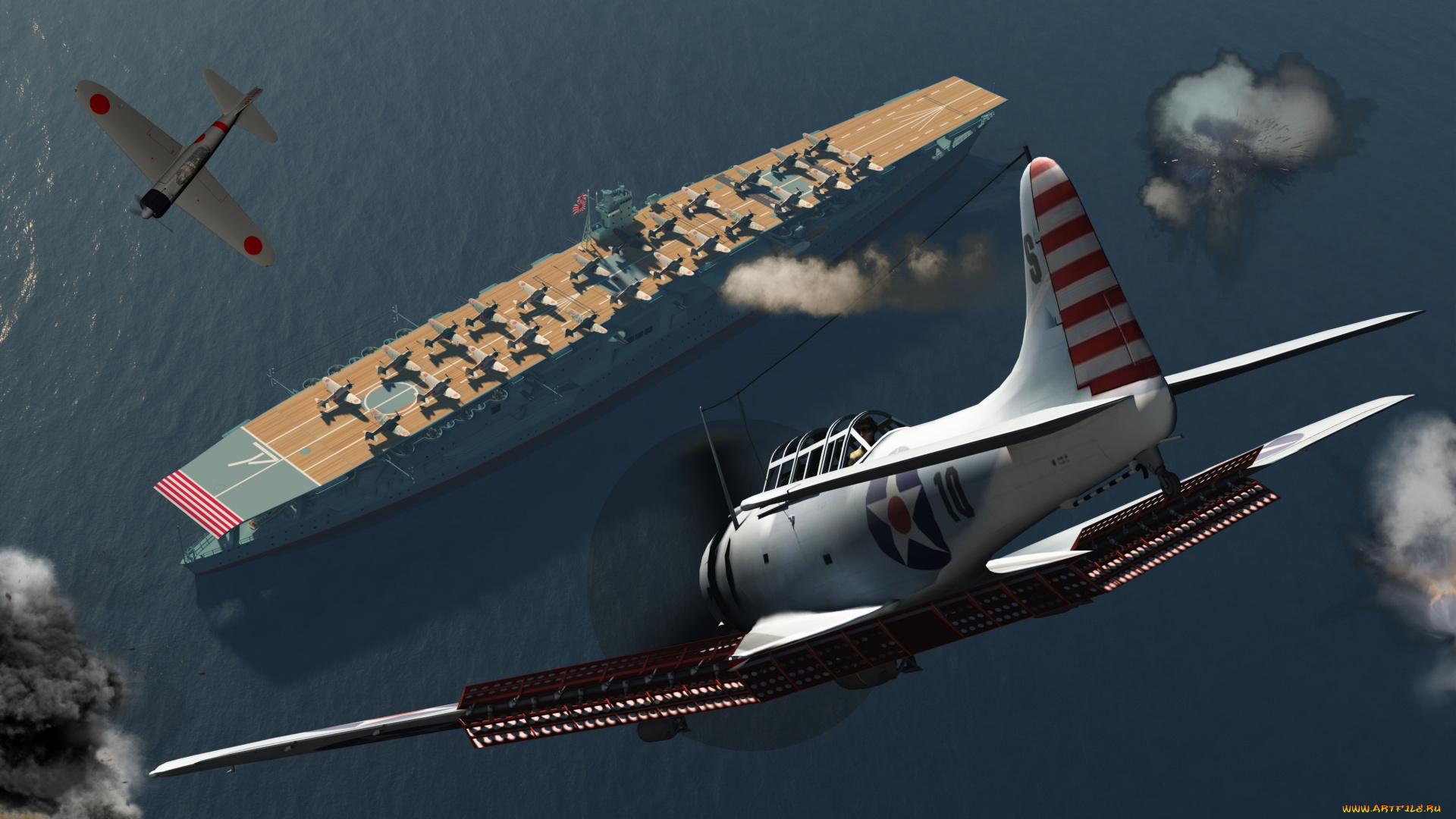 3д, графика, армия, , military, авианосец, море, взрывы, полет, самолеты