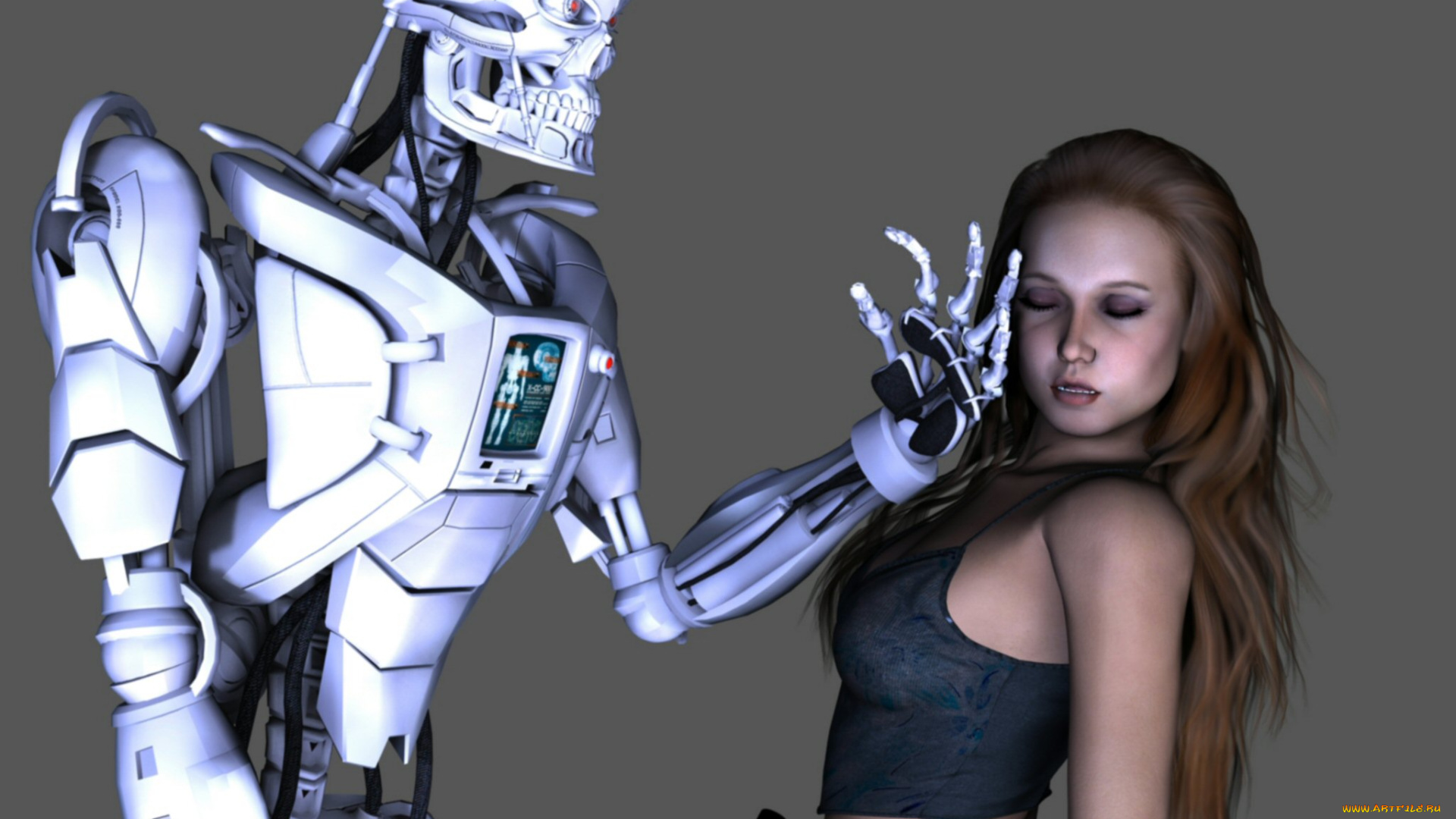 3д, графика, фантазия, , fantasy, девушка, робот, фон, взгляд