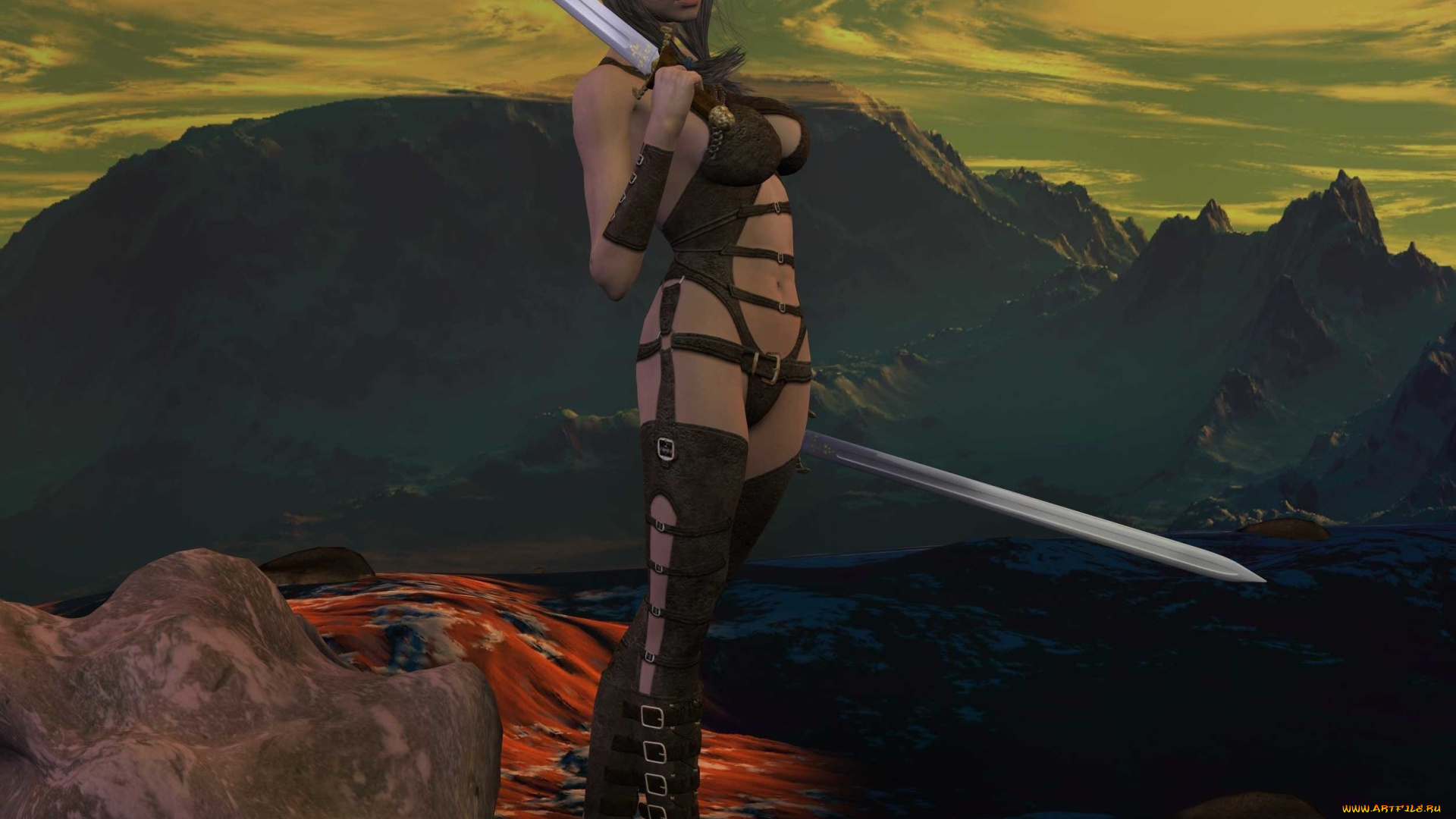 3д, графика, фантазия, , fantasy, оружие, фон, девушка, взгляд