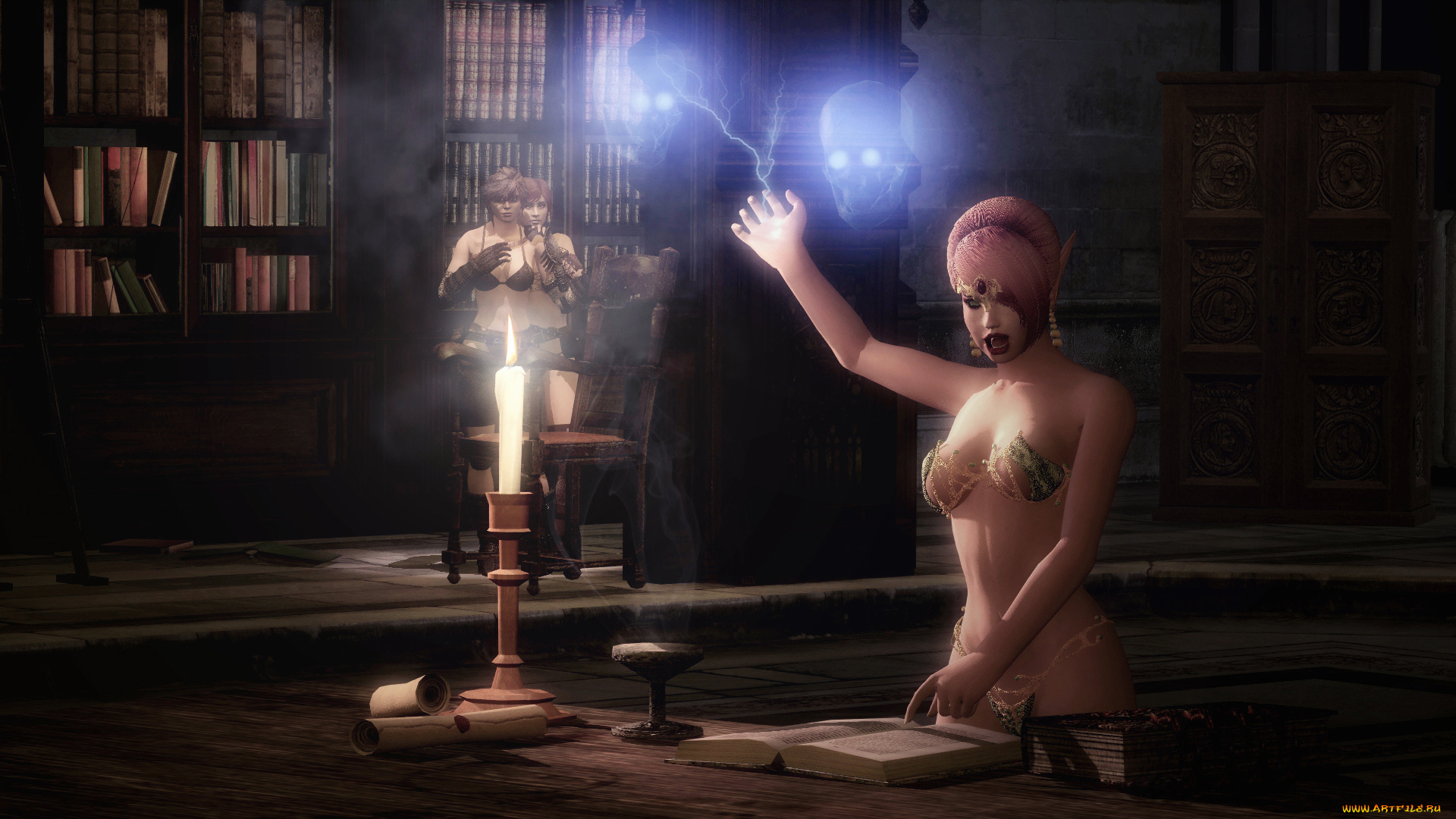 3д, графика, фантазия, , fantasy, свеча, черепа, книга, магия, фон, взгляд, девушки