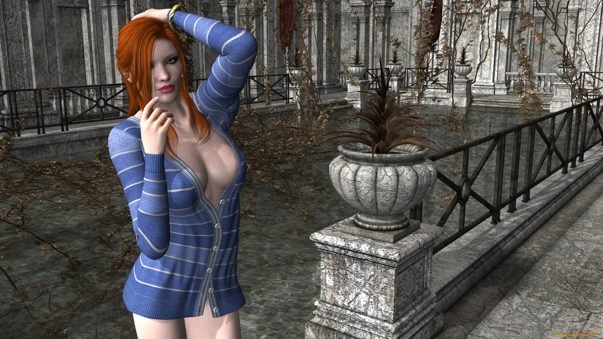 3д, графика, люди, , people, девушка, взгляд, фон, рыжая, кофточка