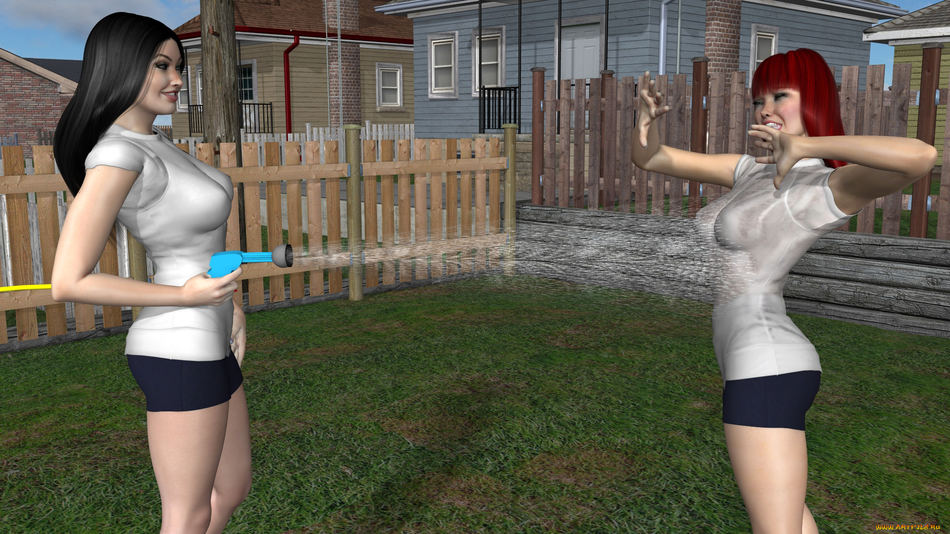 3д, графика, люди, , people, девушки, взгляд, фон, улыбка, вода, брызги