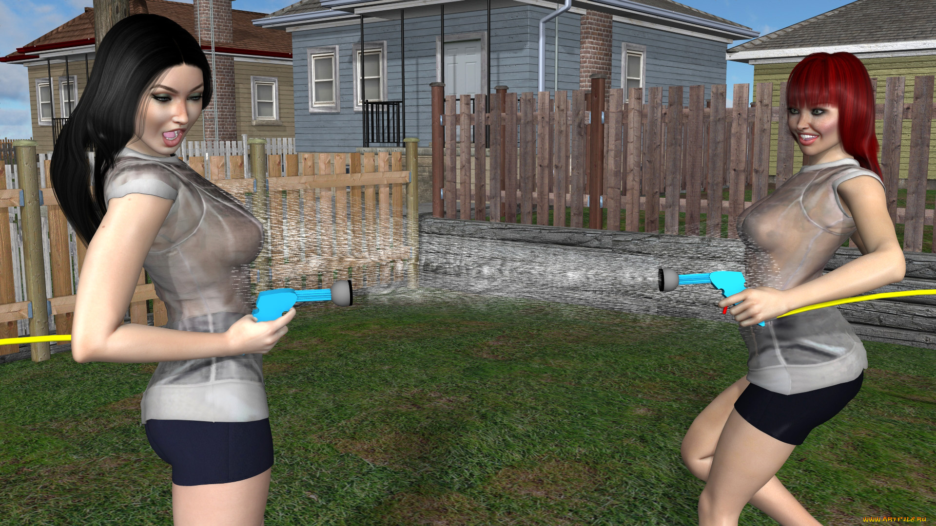 3д, графика, люди, , people, девушки, взгляд, фон, улыбка, вода, брызги