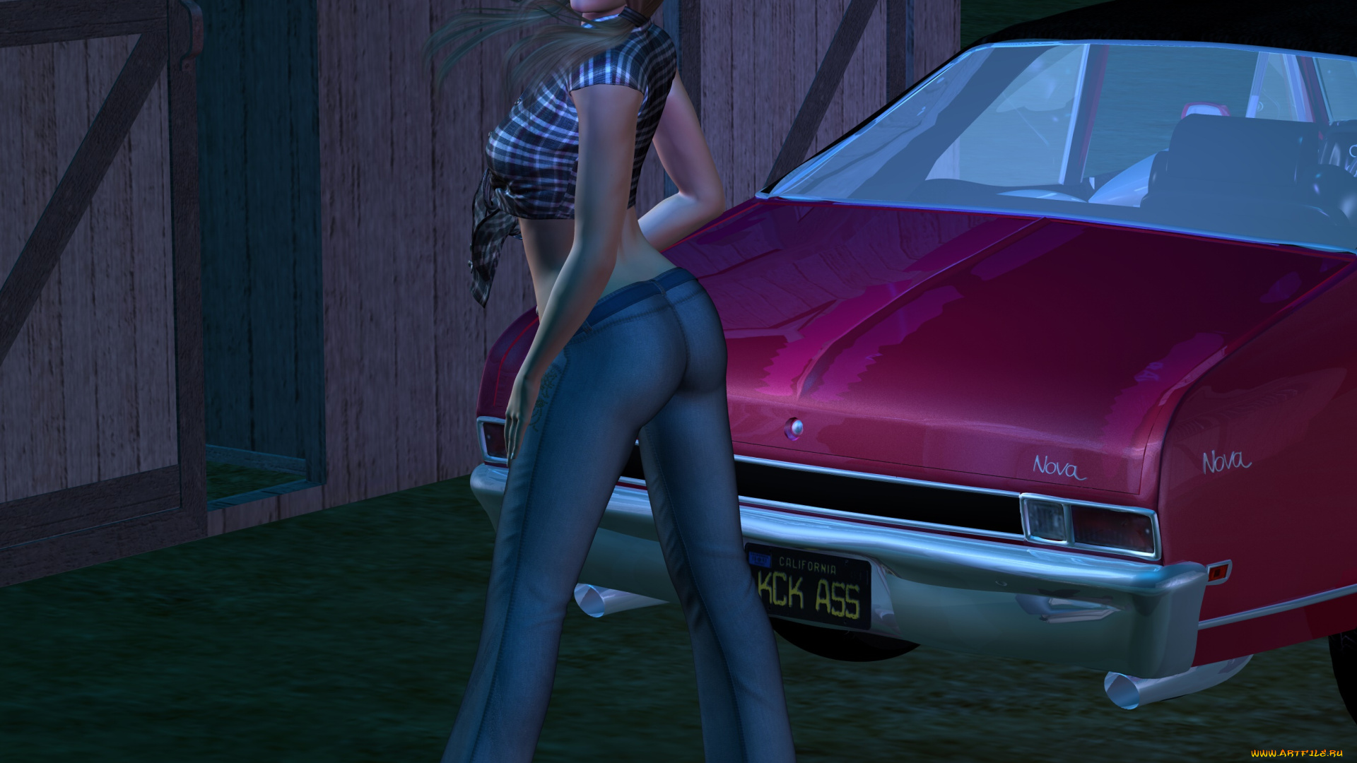 автомобили, 3d, car&girl, автомобиль, фон, взгляд, девушка