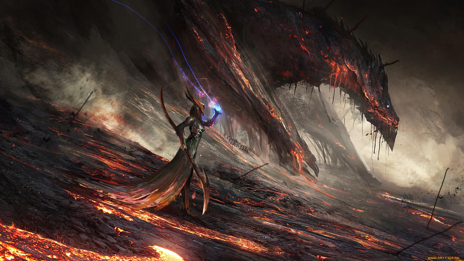 фэнтези, существа, посох, девушка, арт, дракон, лава, огонь, маг, магия, фантазия