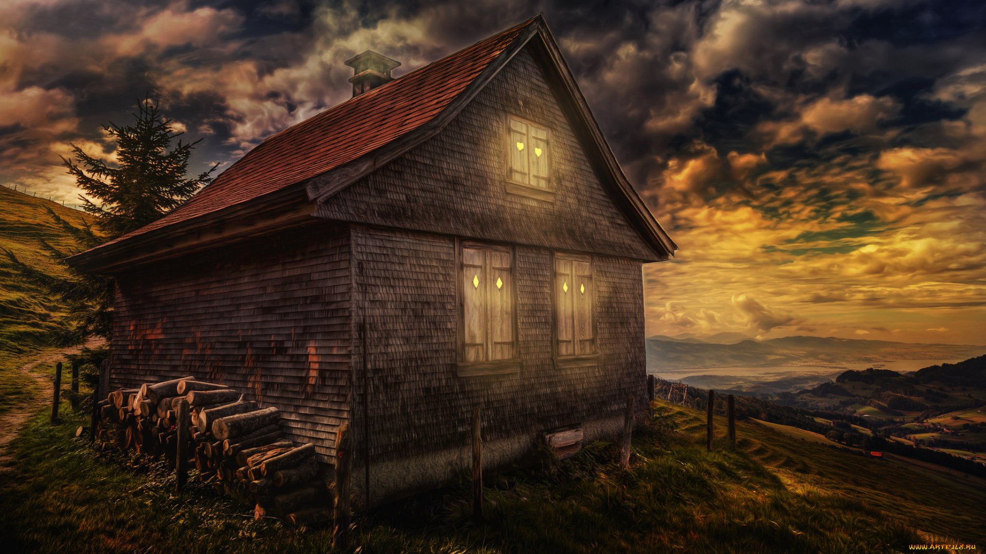 разное, компьютерный, дизайн, закат, облака, небо, природа, пейзаж, обработка, дом