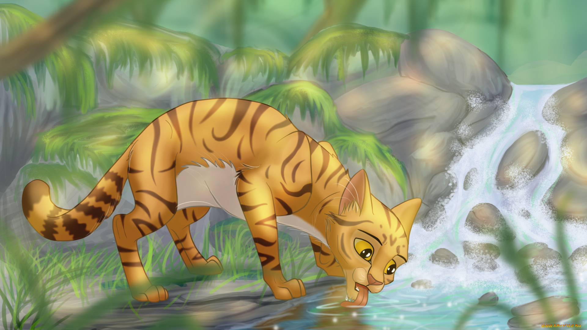 рисованное, животные, , коты, взгляд, кот, лес, ручей, фон