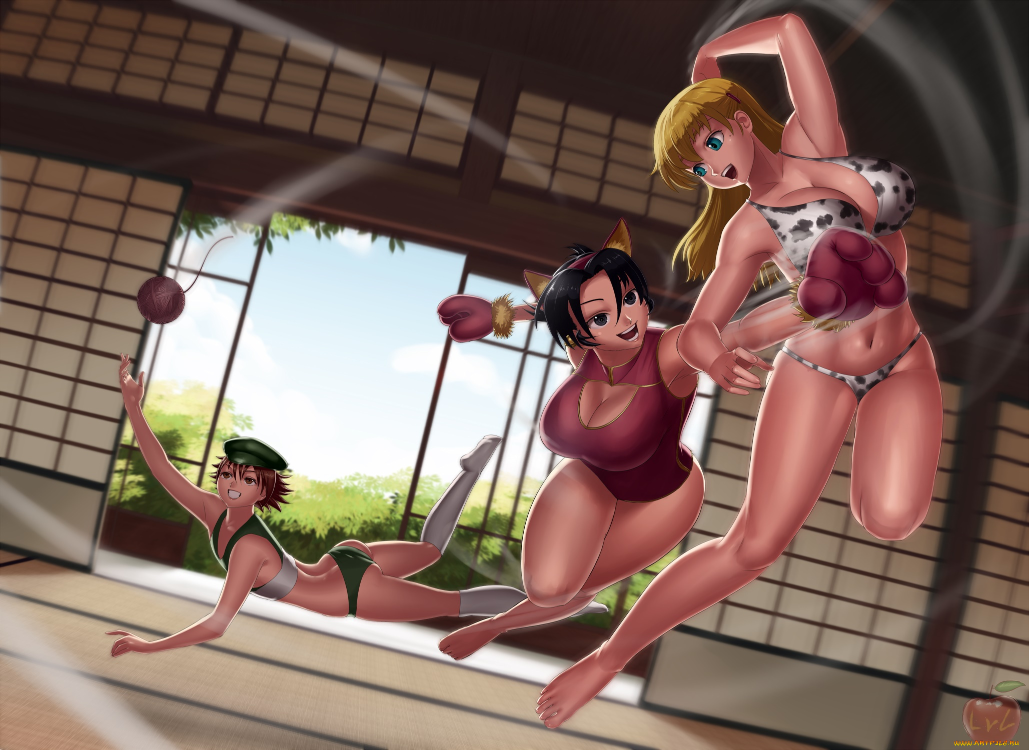 рисованное, люди, игра, мяч, фон, взгляд, девушки