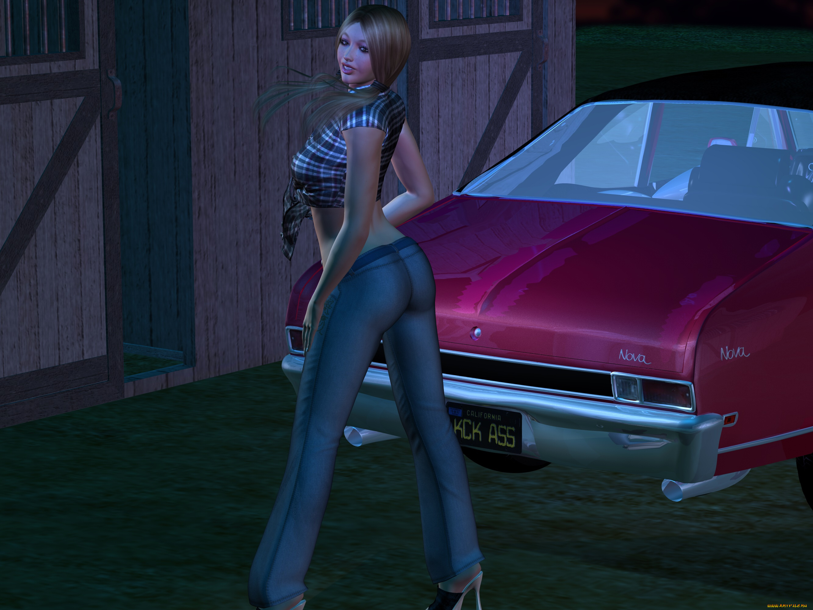 автомобили, 3d, car&girl, автомобиль, фон, взгляд, девушка