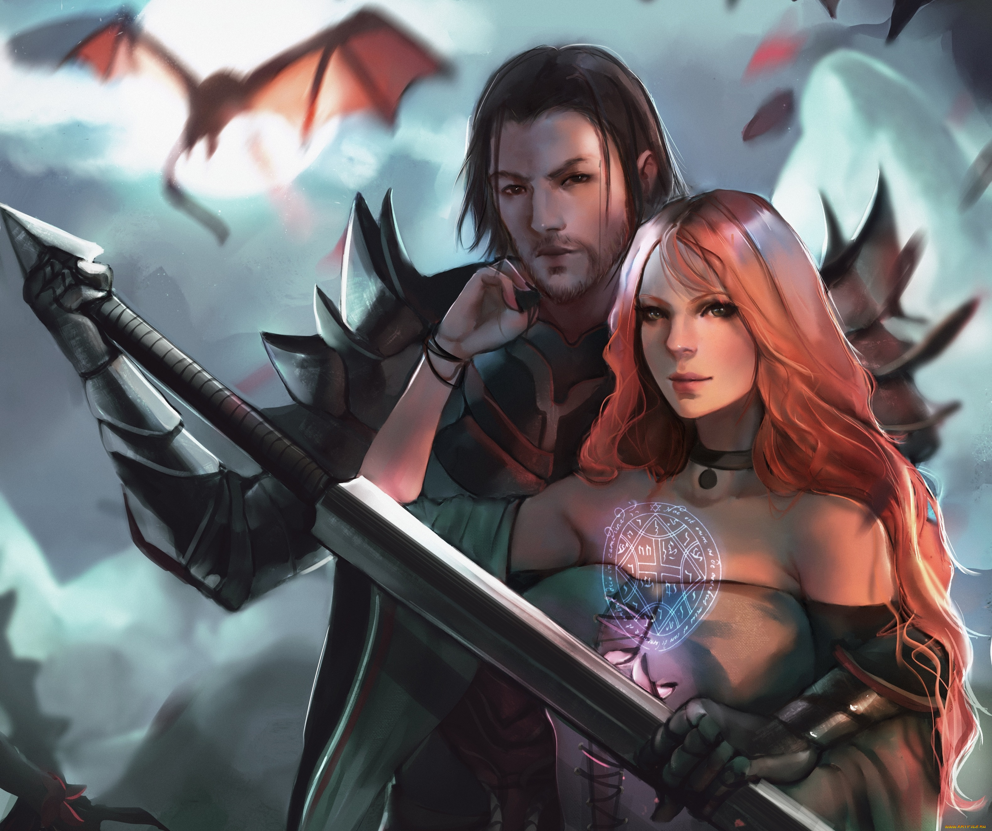 фэнтези, люди, дракон, рыцарь, луна, меч, полнолуние, ночь, маг, девушка