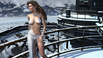 Картинка 3д+графика люди+ people девушка взгляд фон горы снег