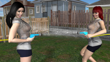 обоя 3д графика, люди , people, девушки, взгляд, фон, улыбка, вода, брызги